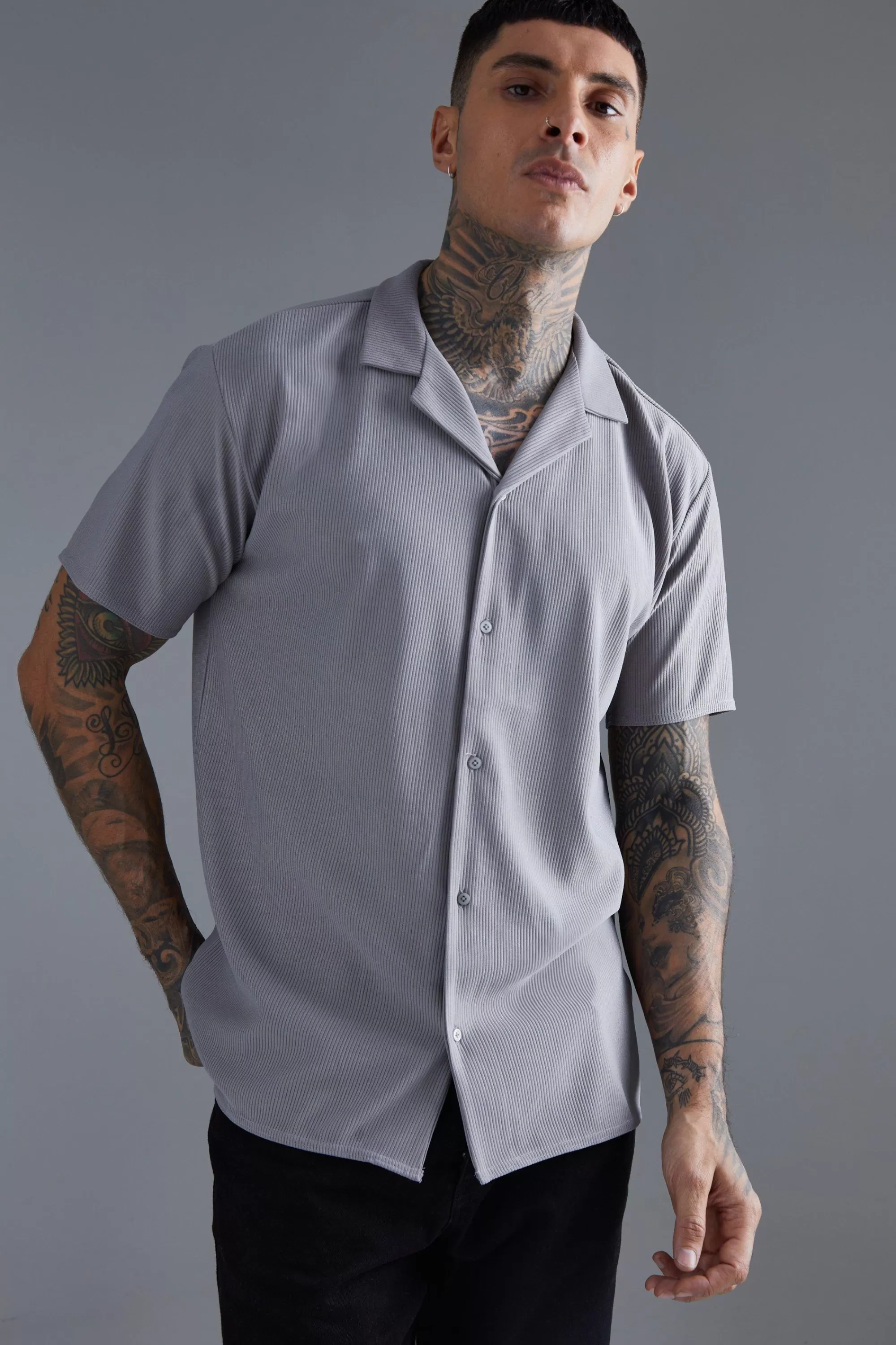 boohooMAN Short Sleeve Ribbed Revere Oversized Shirt | UK