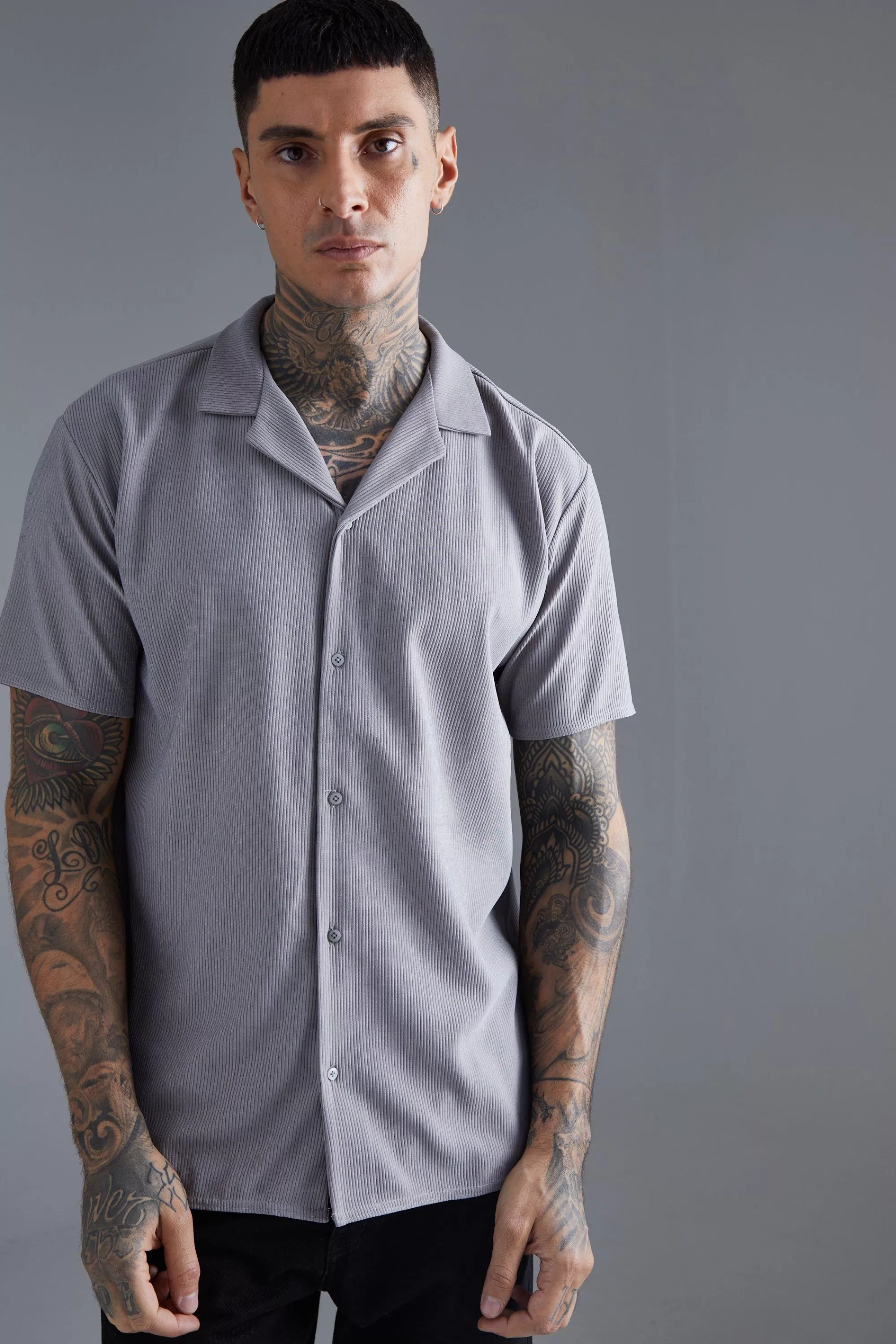 boohooMAN Short Sleeve Ribbed Revere Oversized Shirt | UK