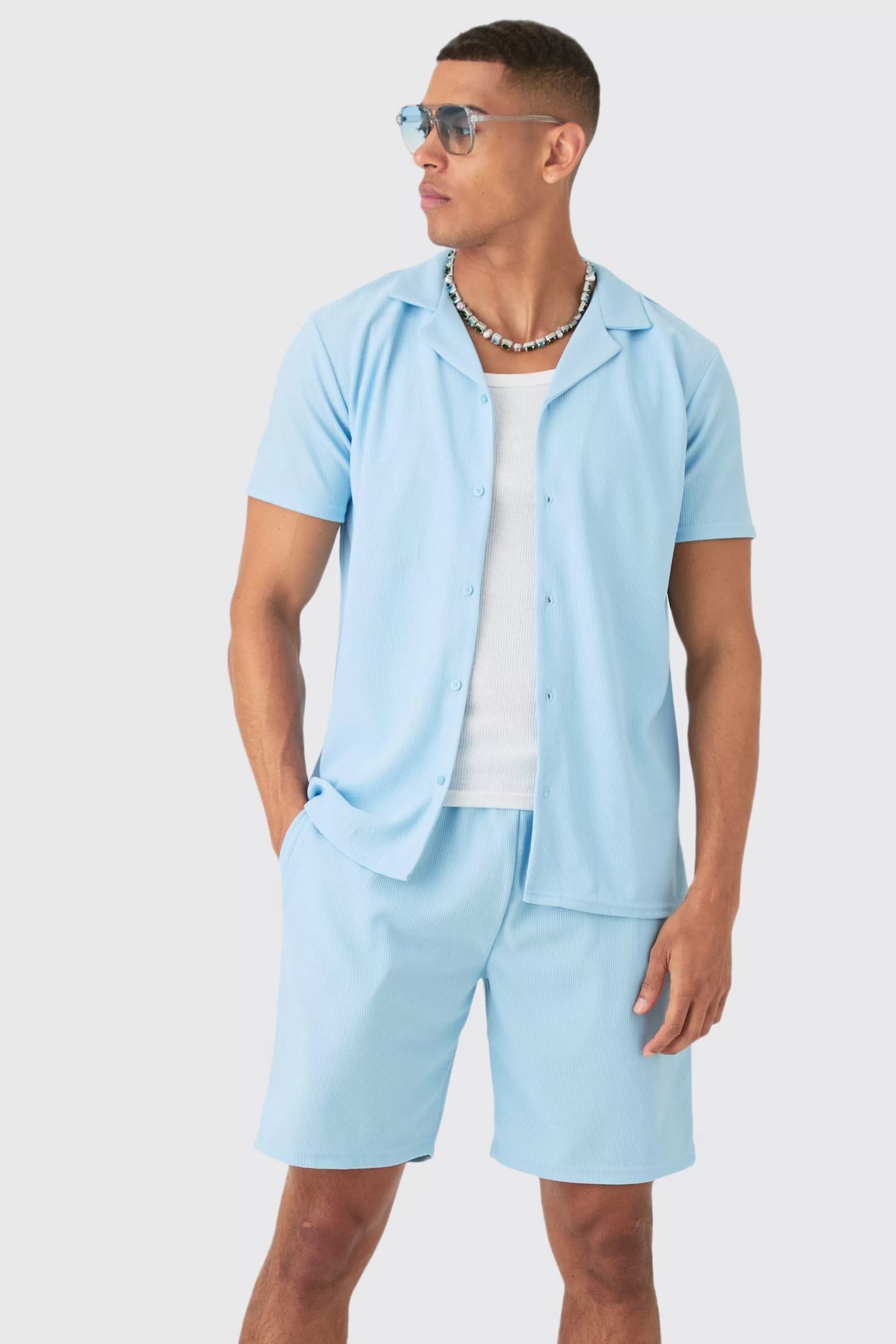 boohooMAN Short Sleeve Ribbed Shirt & Short Set | UK