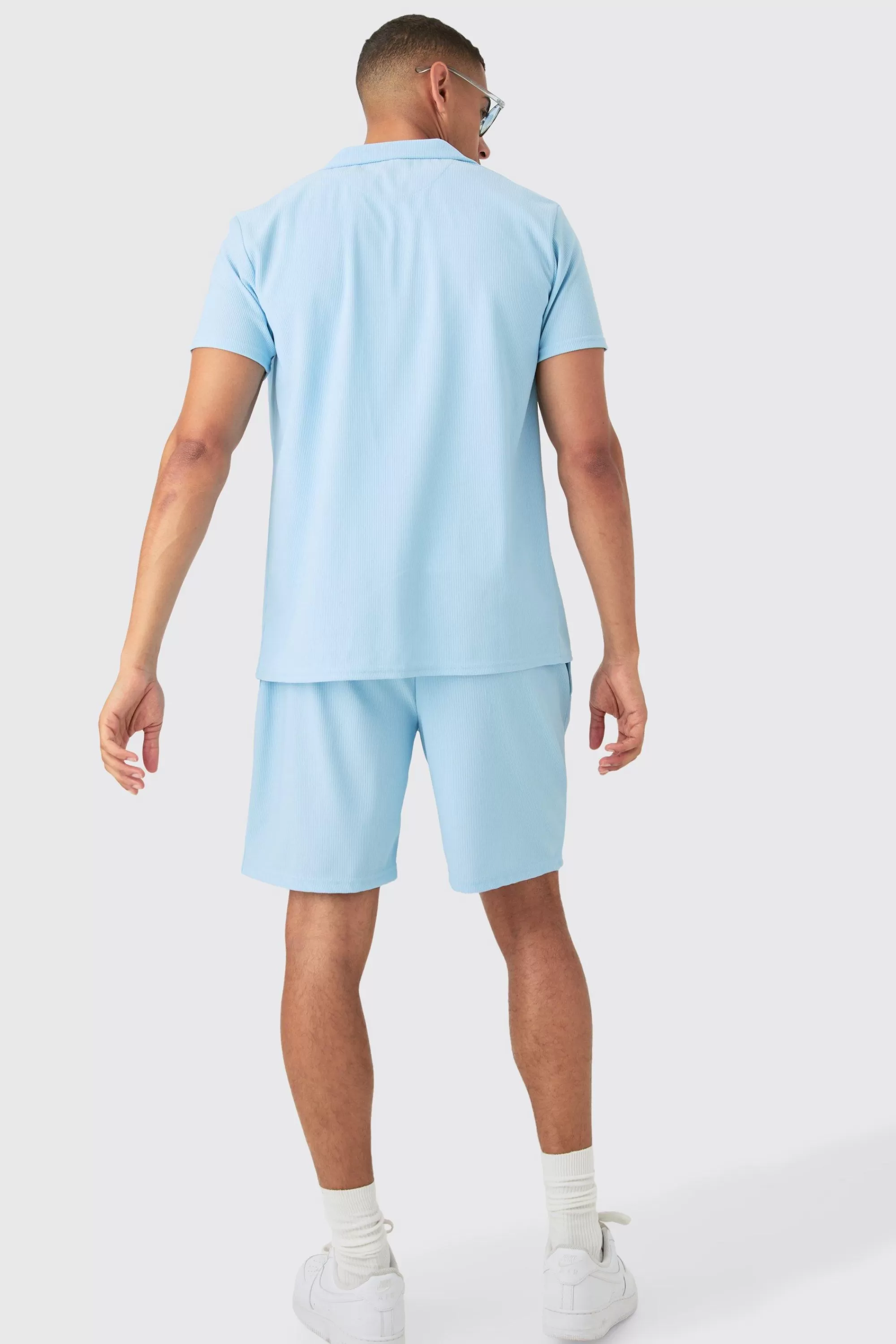 boohooMAN Short Sleeve Ribbed Shirt & Short Set | UK