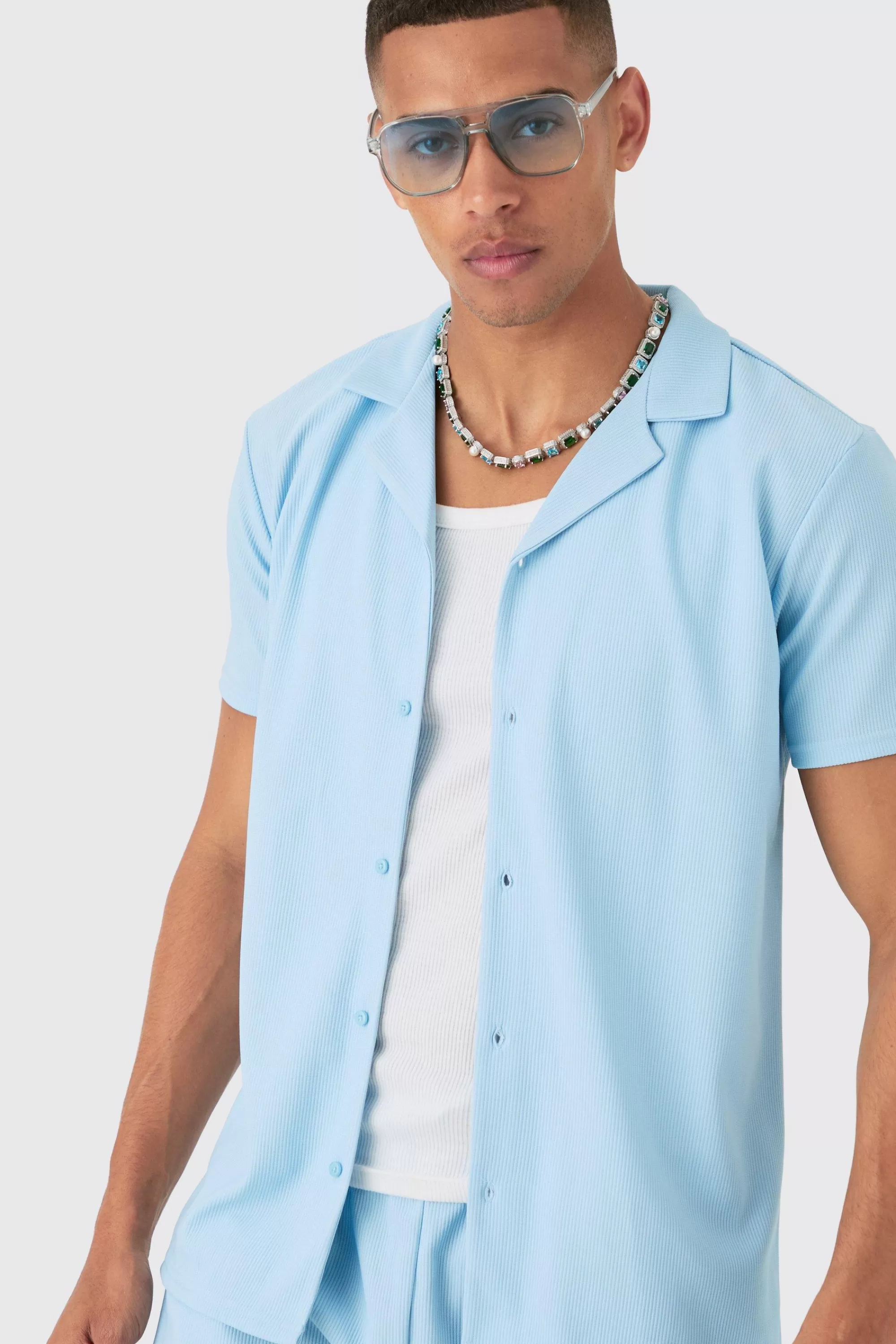 boohooMAN Short Sleeve Ribbed Shirt & Short Set | UK