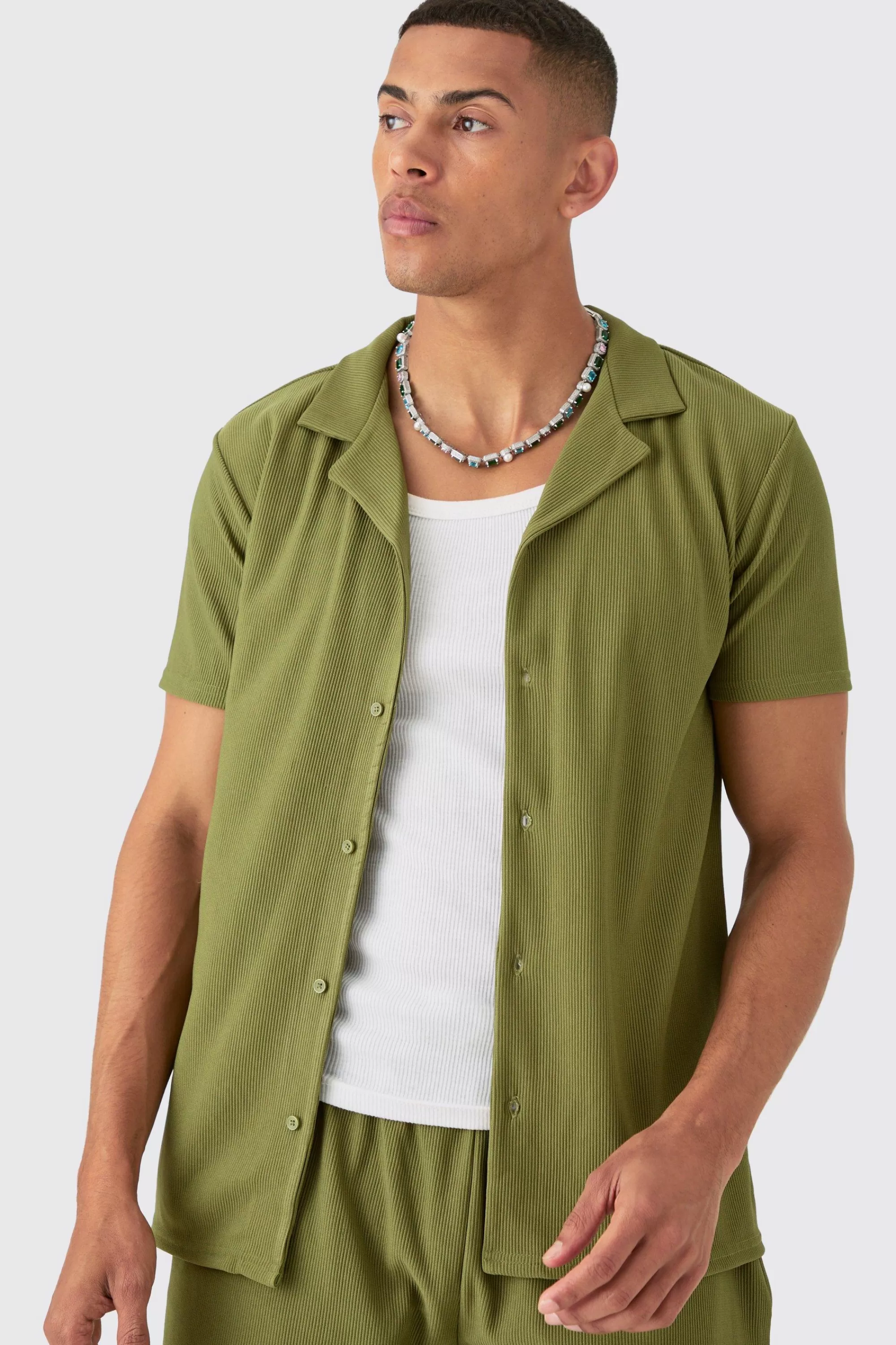 boohooMAN Short Sleeve Ribbed Shirt & Short Set | UK