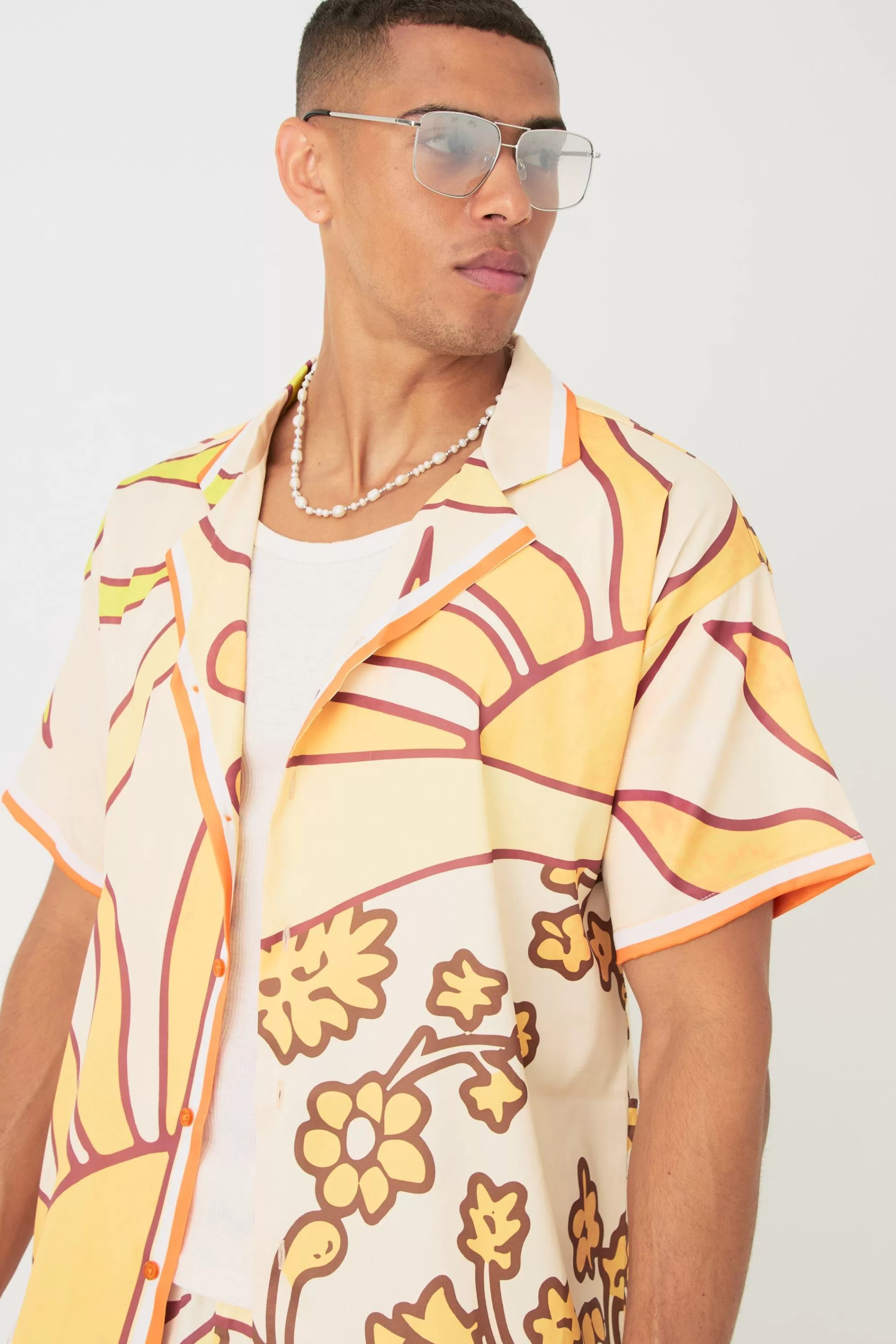 boohooMAN Short Sleeve Satin Boxy Sun Shirt & Short Set | UK