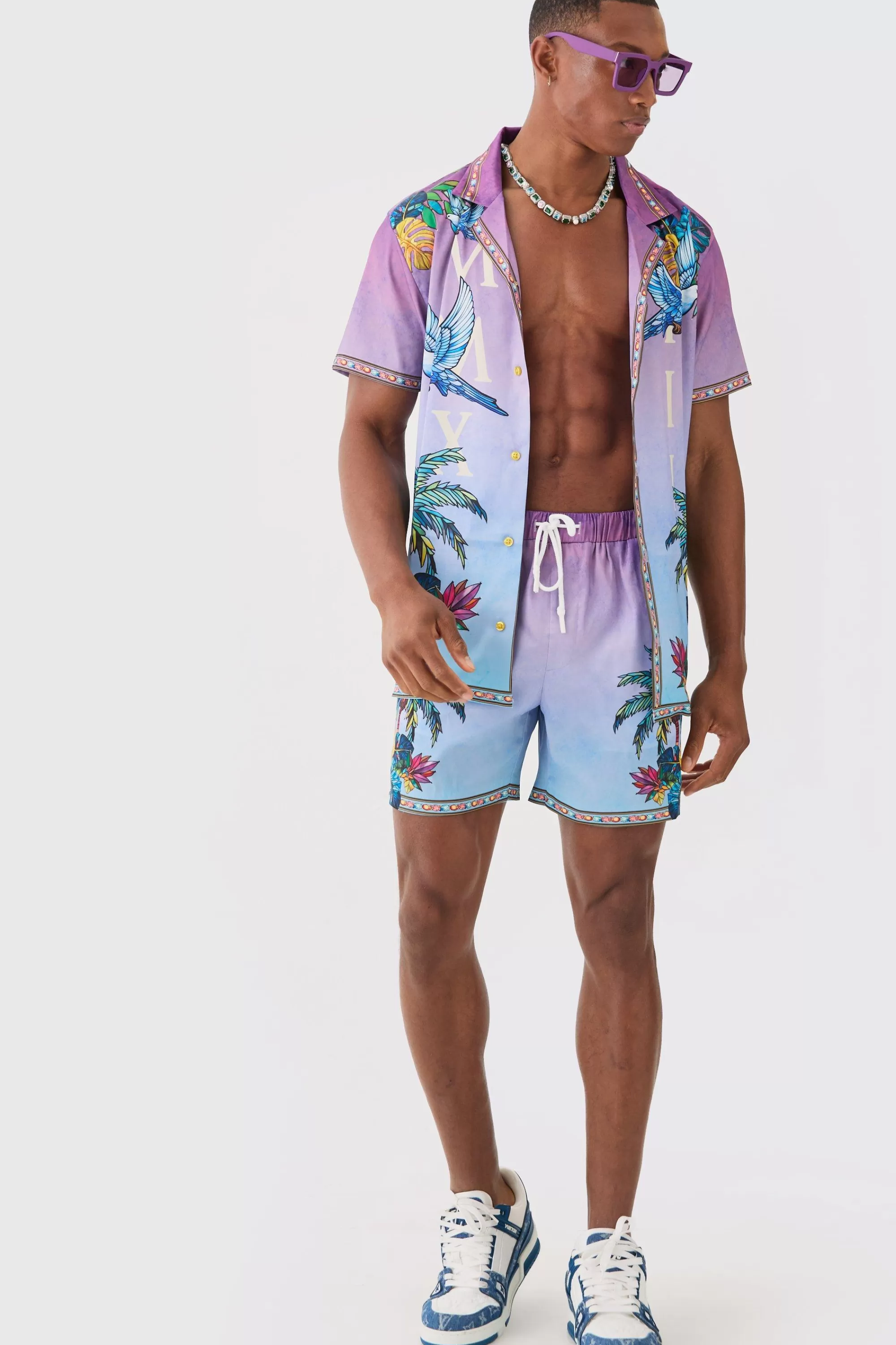 boohooMAN Short Sleeve Satin Ombre Palm Shirt & Short | UK