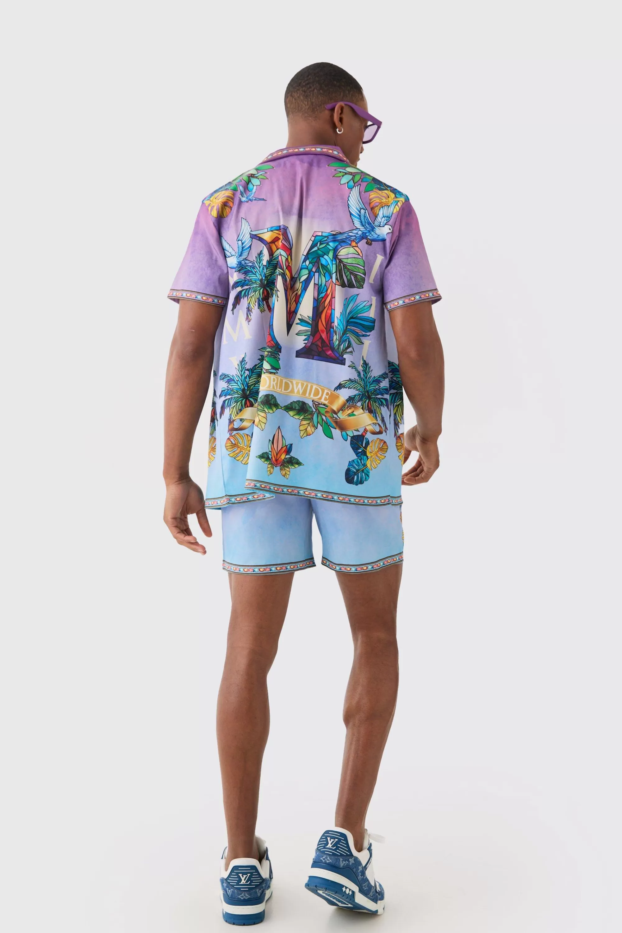 boohooMAN Short Sleeve Satin Ombre Palm Shirt & Short | UK
