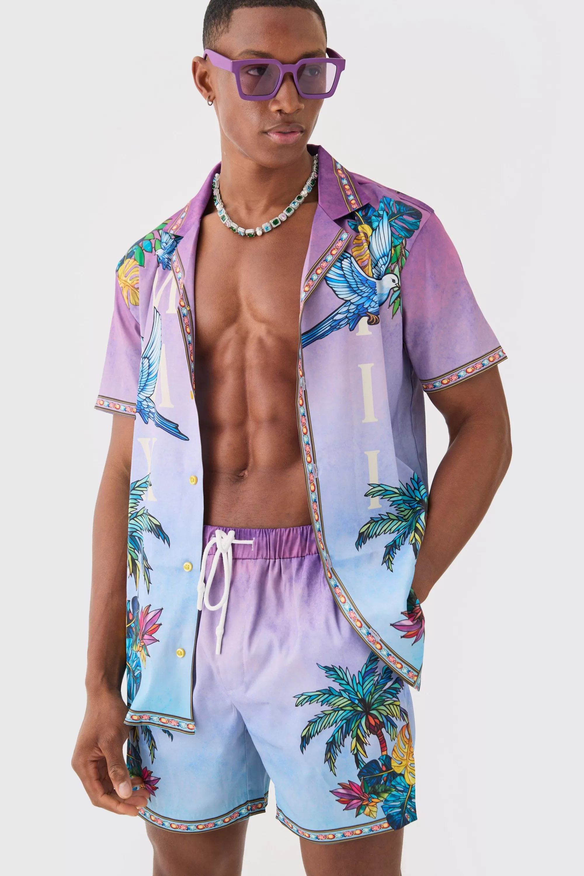 boohooMAN Short Sleeve Satin Ombre Palm Shirt & Short | UK