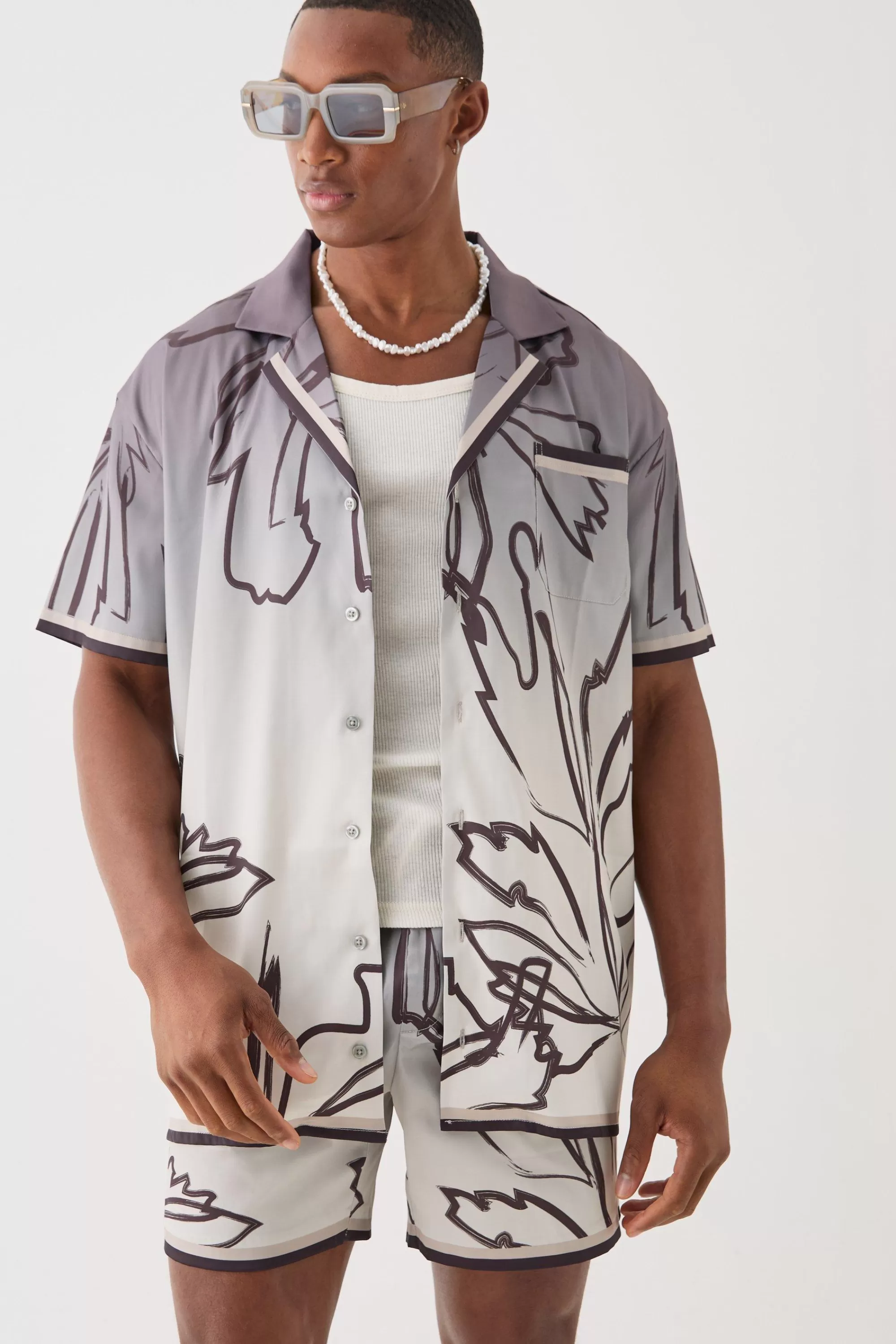 boohooMAN Short Sleeve Satin Oversized Ombre Floral Shirt & Short | UK