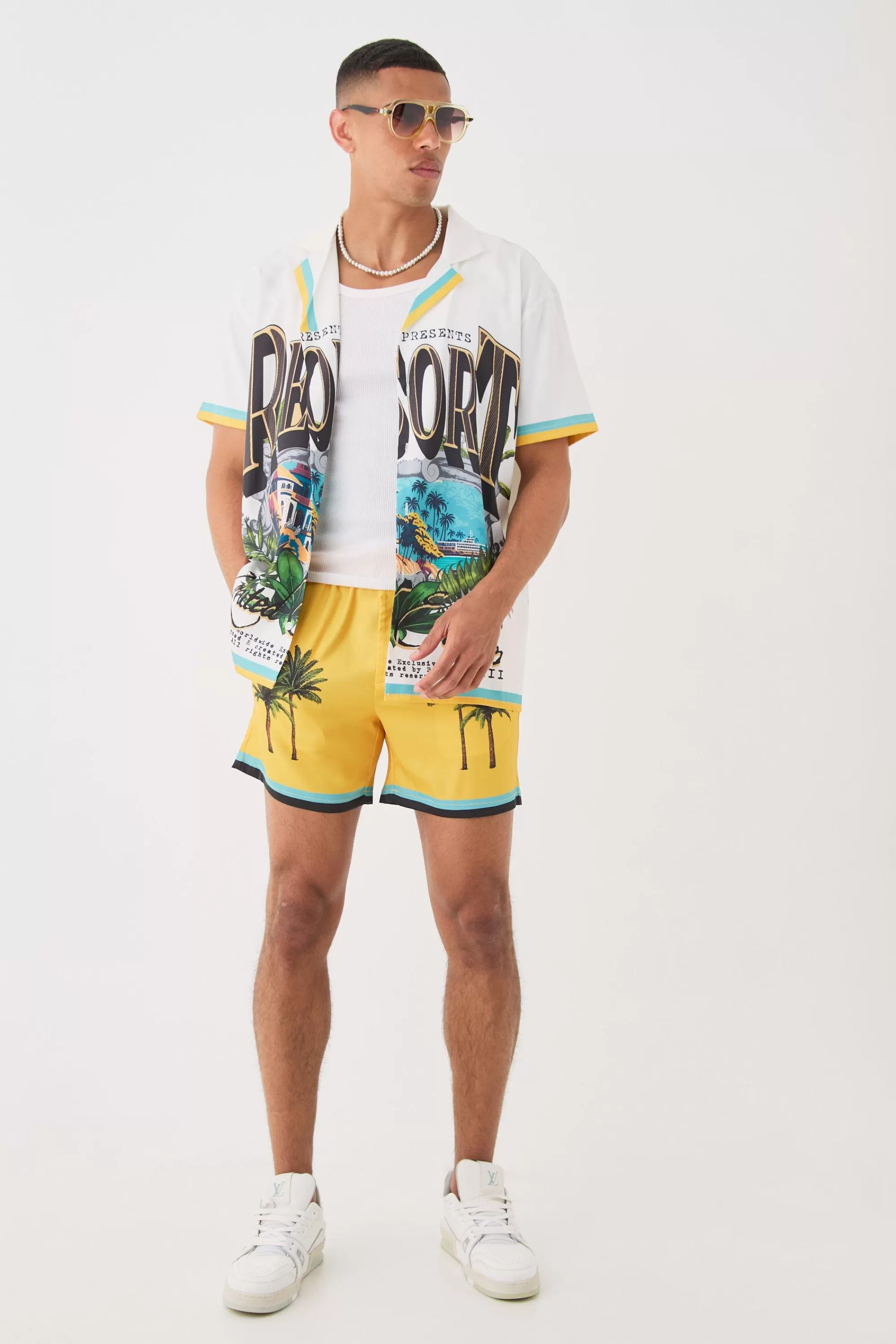 boohooMAN Short Sleeve Satin Oversized Resort Shirt & Short | UK