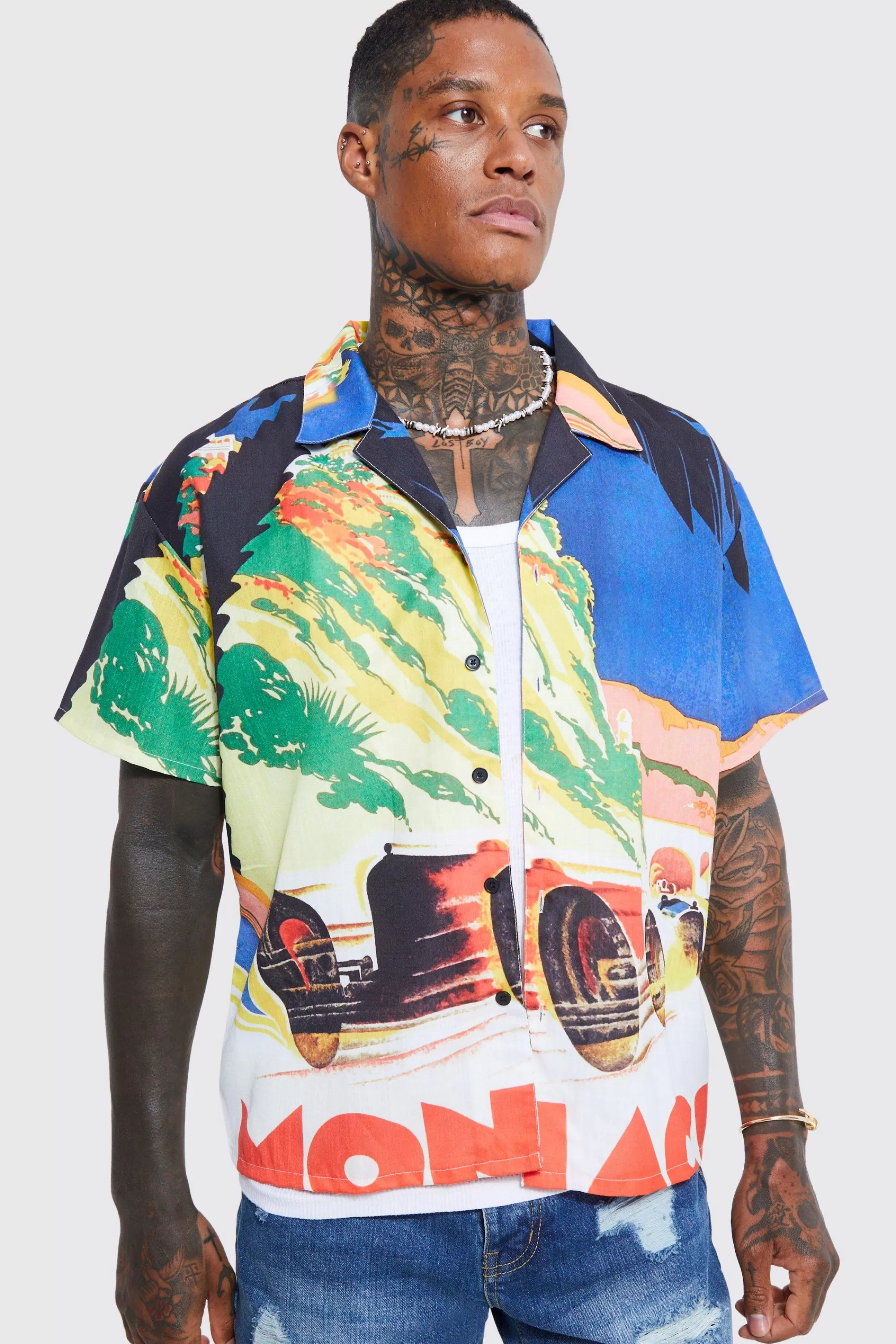 boohooMAN Short Sleeve Slub Boxy Graphic Shirt | UK