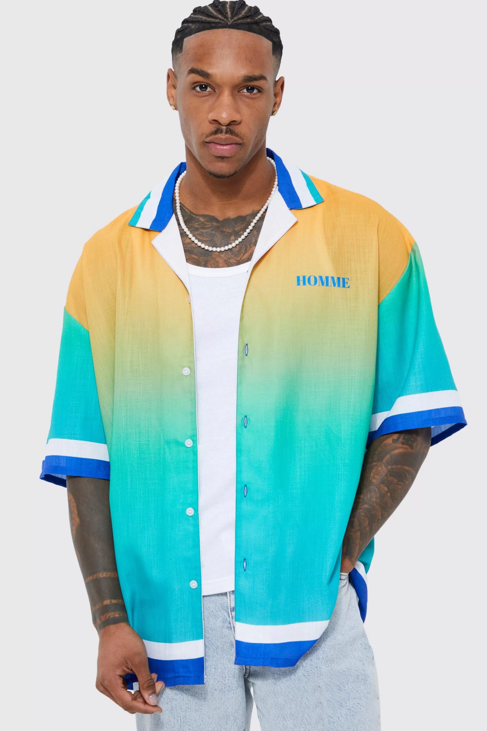 boohooMAN Short Sleeve Slub Boxy Oversized Graphic Shirt | UK