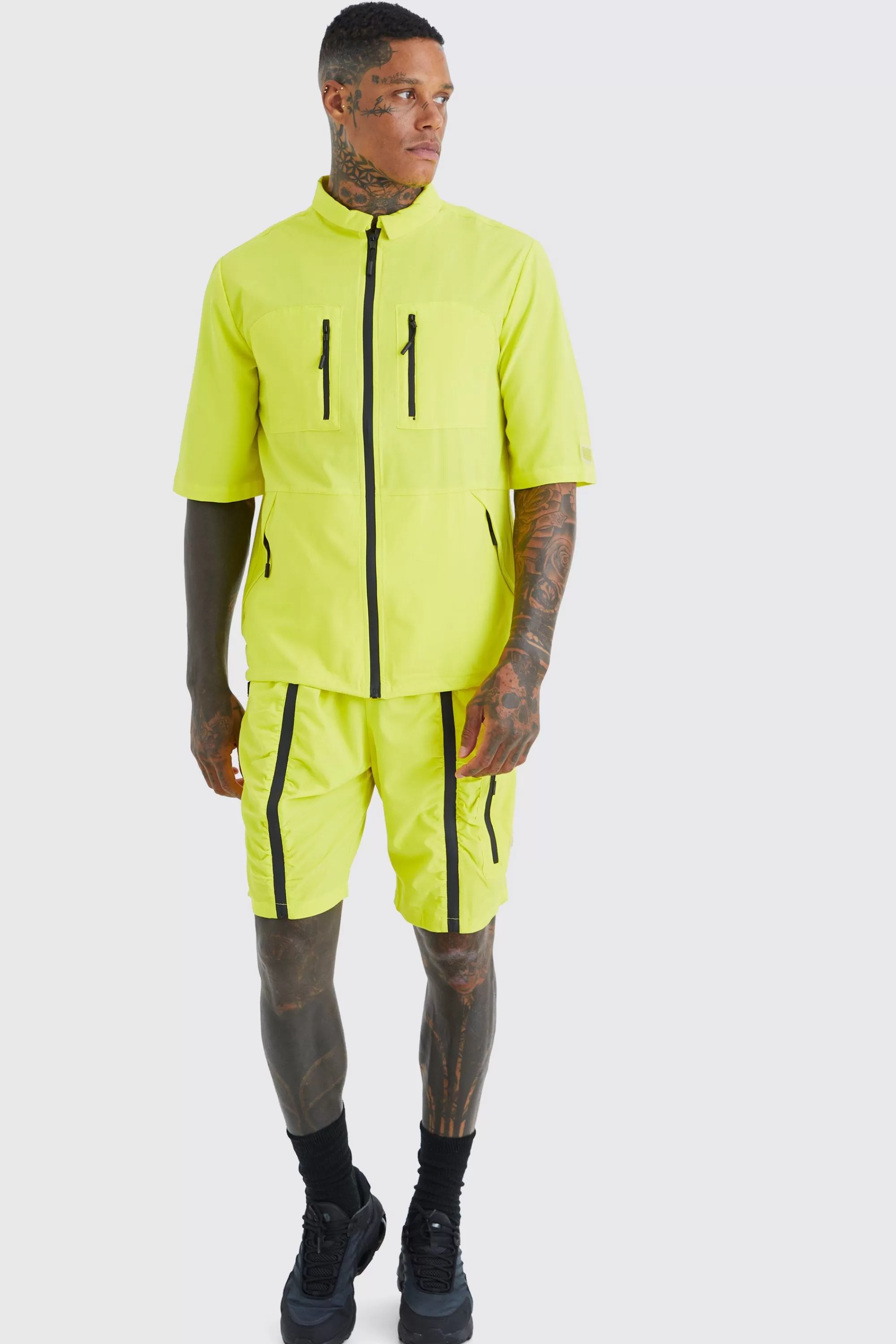 boohooMAN Short Sleeve Technical Utility Shirt & Short Set | UK