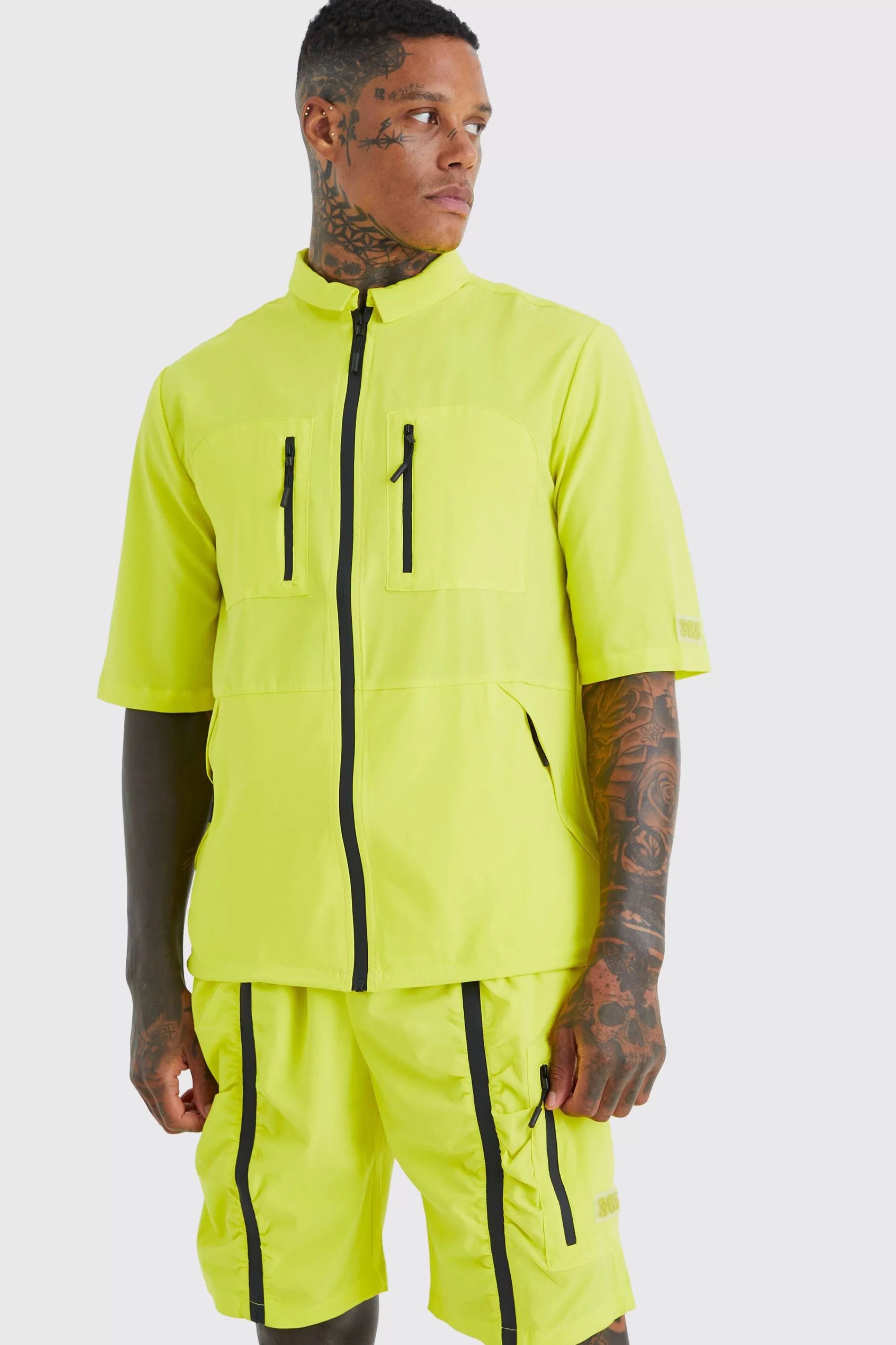 boohooMAN Short Sleeve Technical Utility Shirt & Short Set | UK