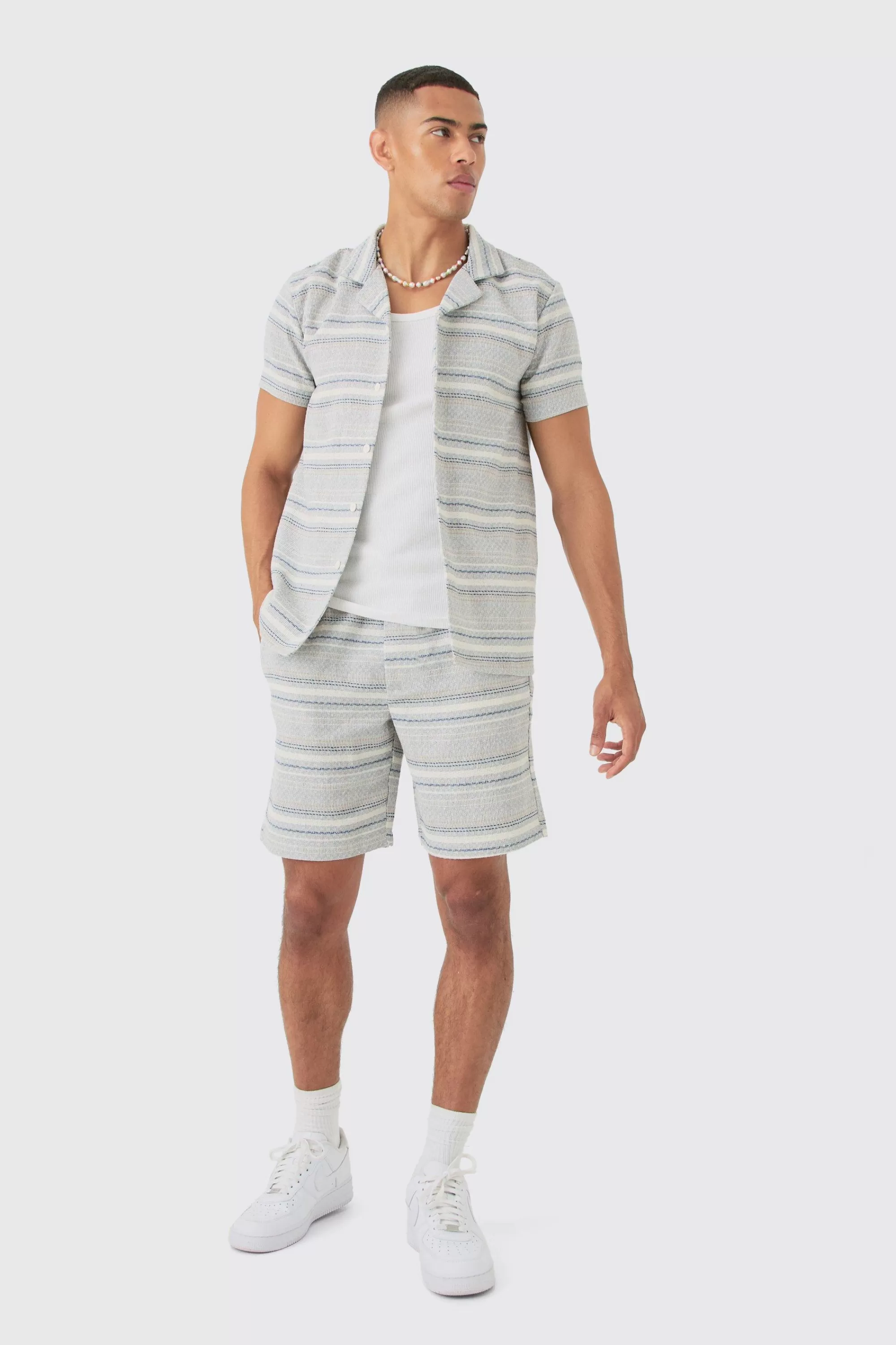 boohooMAN Short Sleeve Textured Stripe Shirt & Short Set | UK