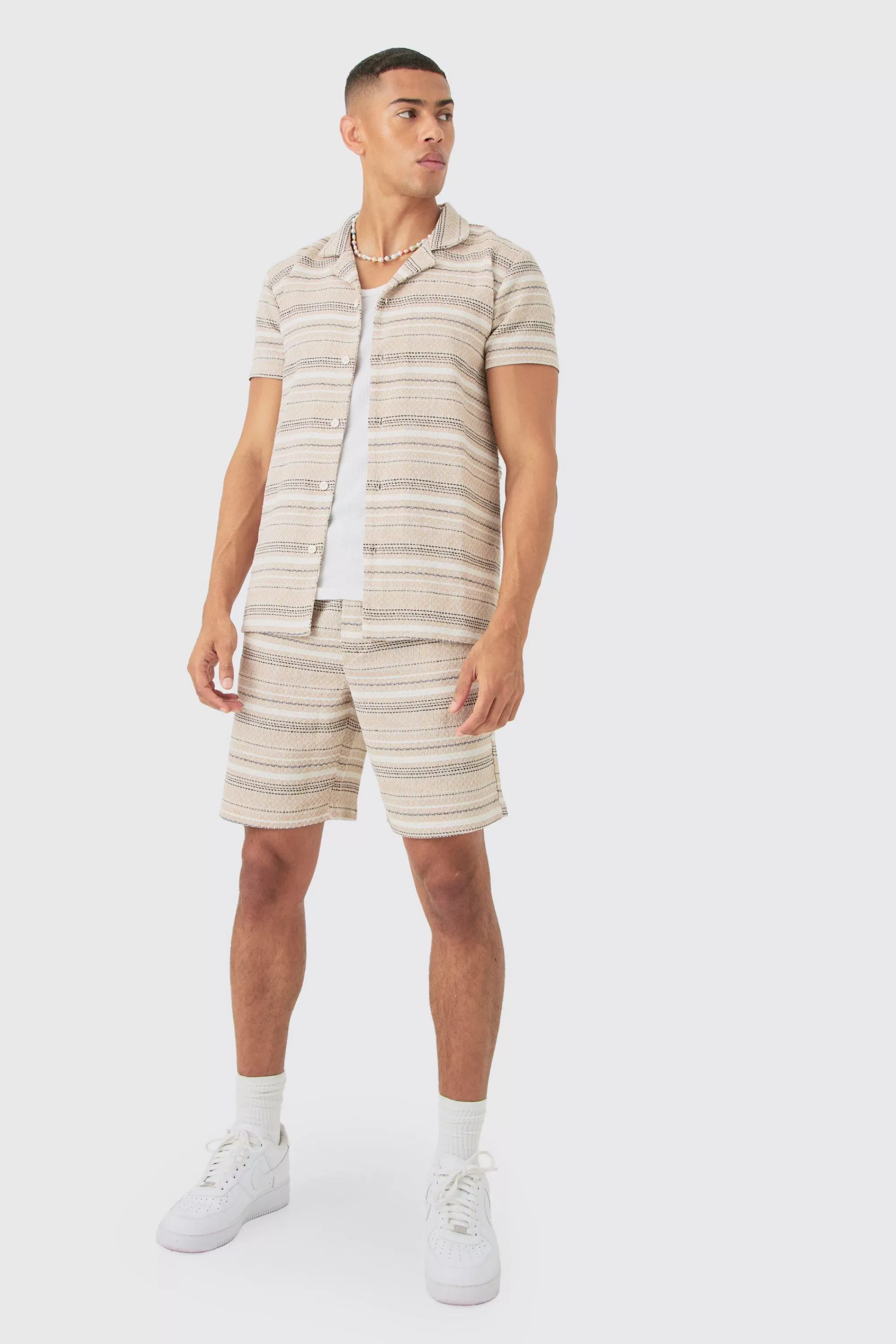 boohooMAN Short Sleeve Textured Stripe Shirt & Short Set | UK