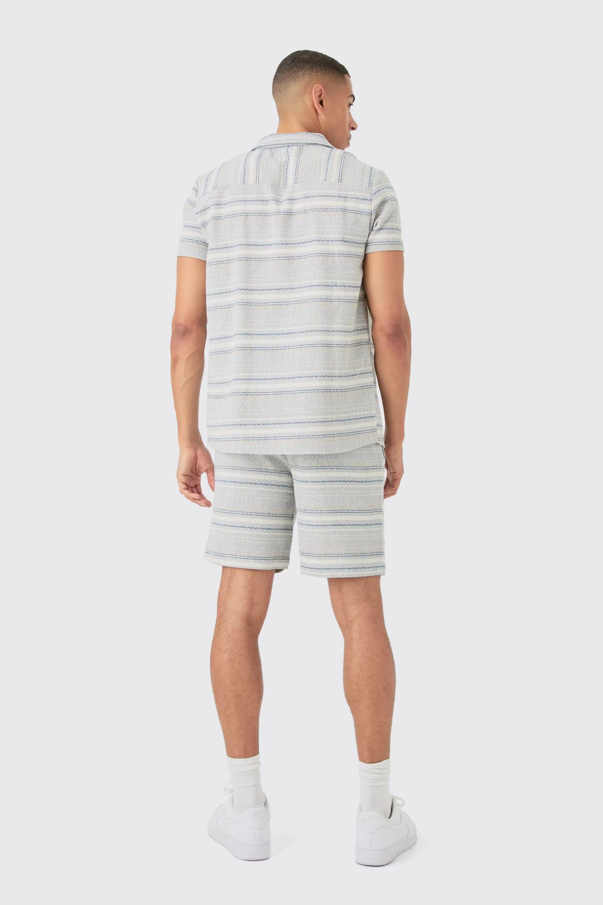 boohooMAN Short Sleeve Textured Stripe Shirt & Short Set | UK