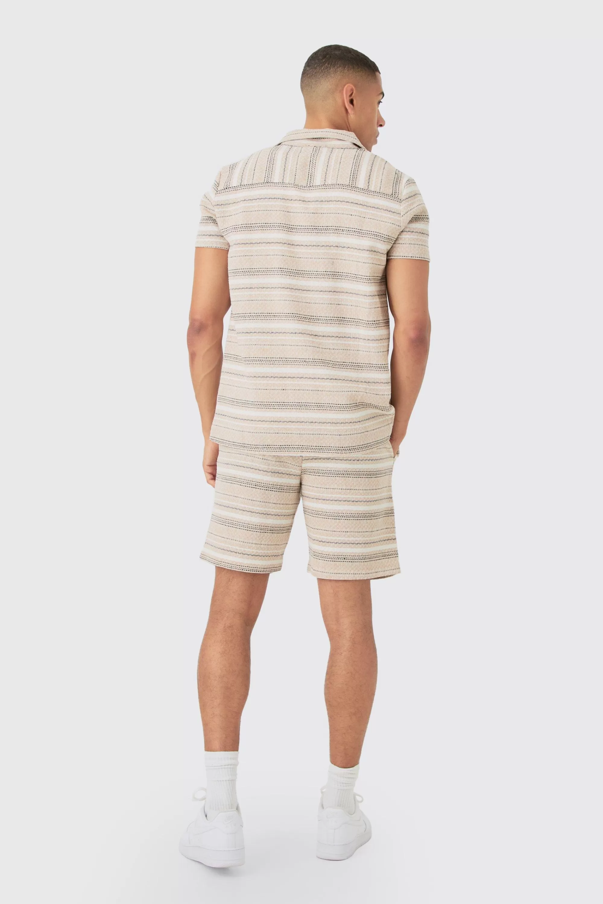 boohooMAN Short Sleeve Textured Stripe Shirt & Short Set | UK