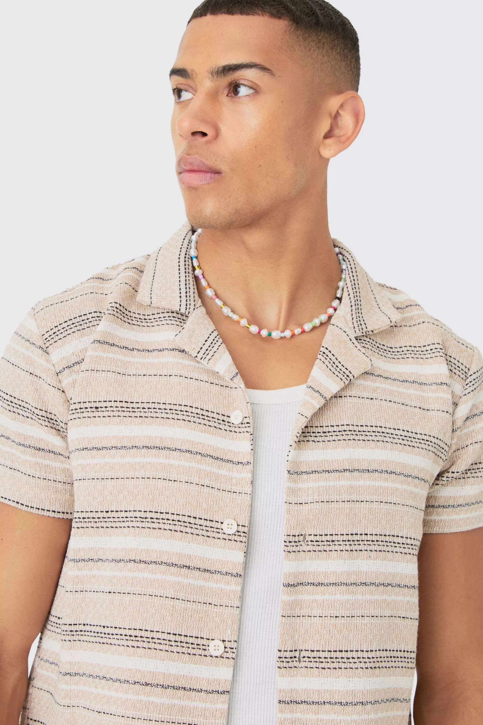 boohooMAN Short Sleeve Textured Stripe Shirt & Short Set | UK