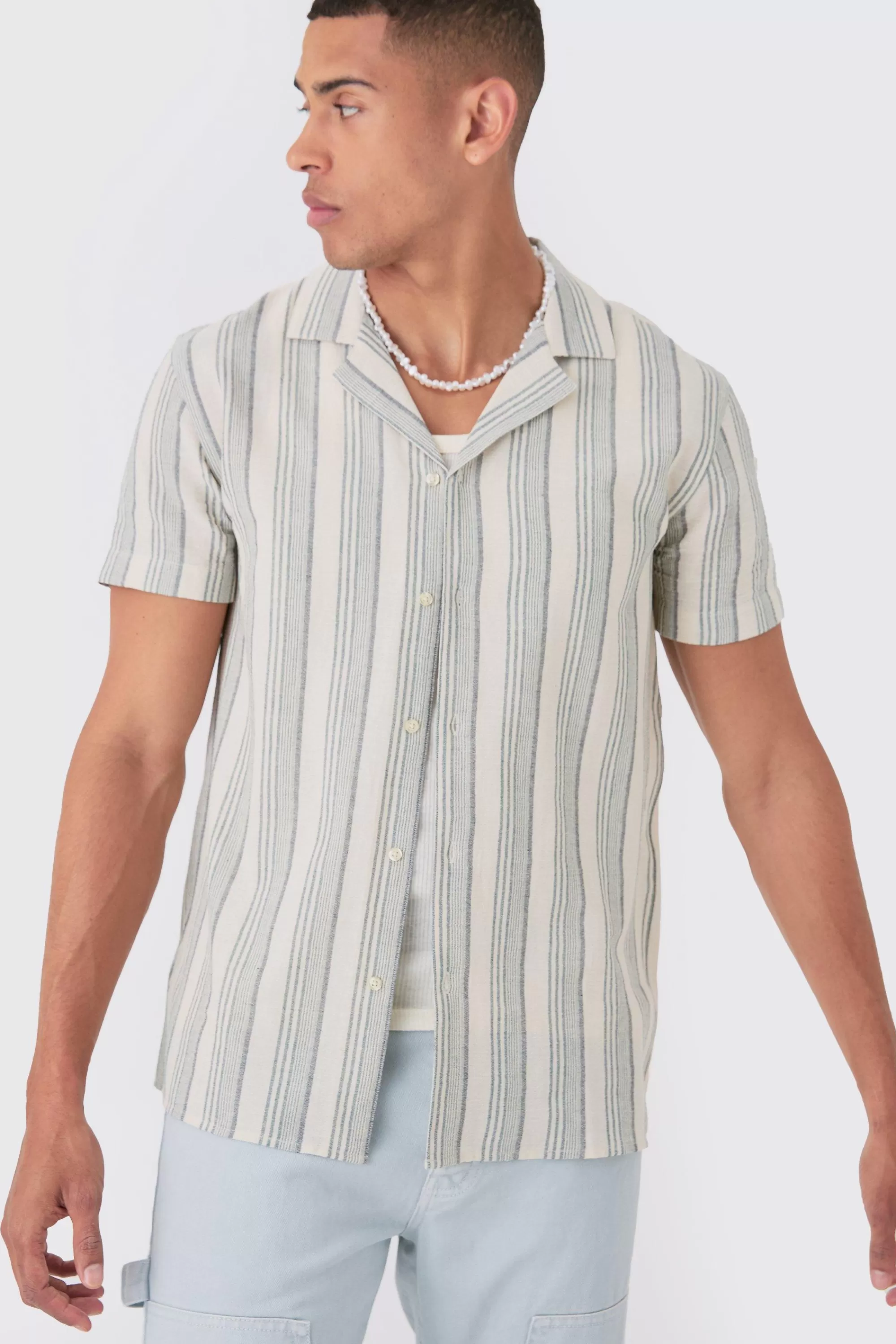 boohooMAN Short Sleeve Textured Tonal Stripe Shirt | UK