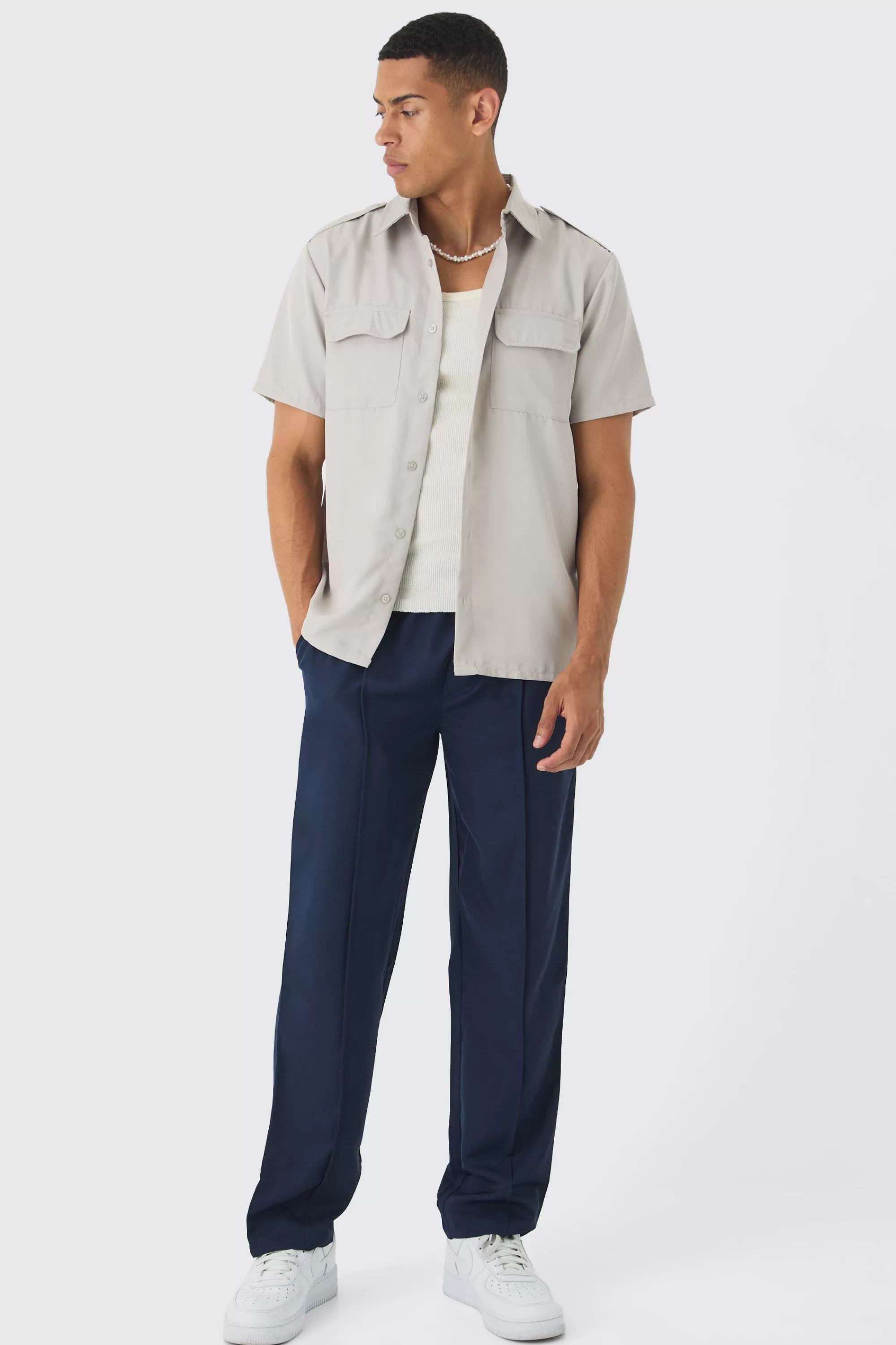 boohooMAN Short Sleeve Utility Twill Shirt & Pintuck Trouser Set | UK