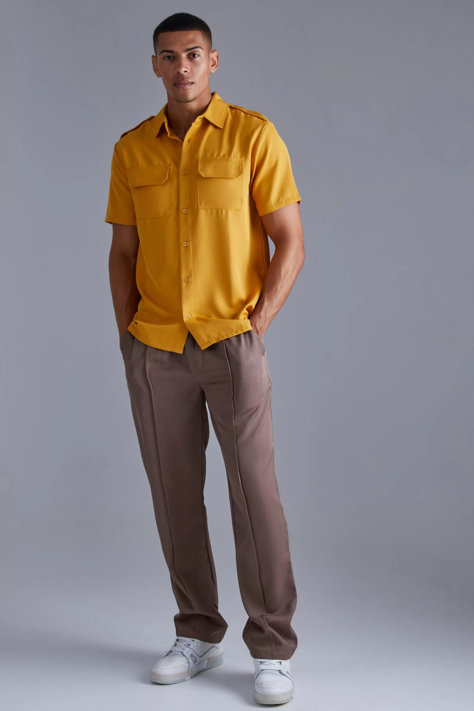 boohooMAN Short Sleeve Utility Twill Shirt & Pintuck Trouser Set | UK