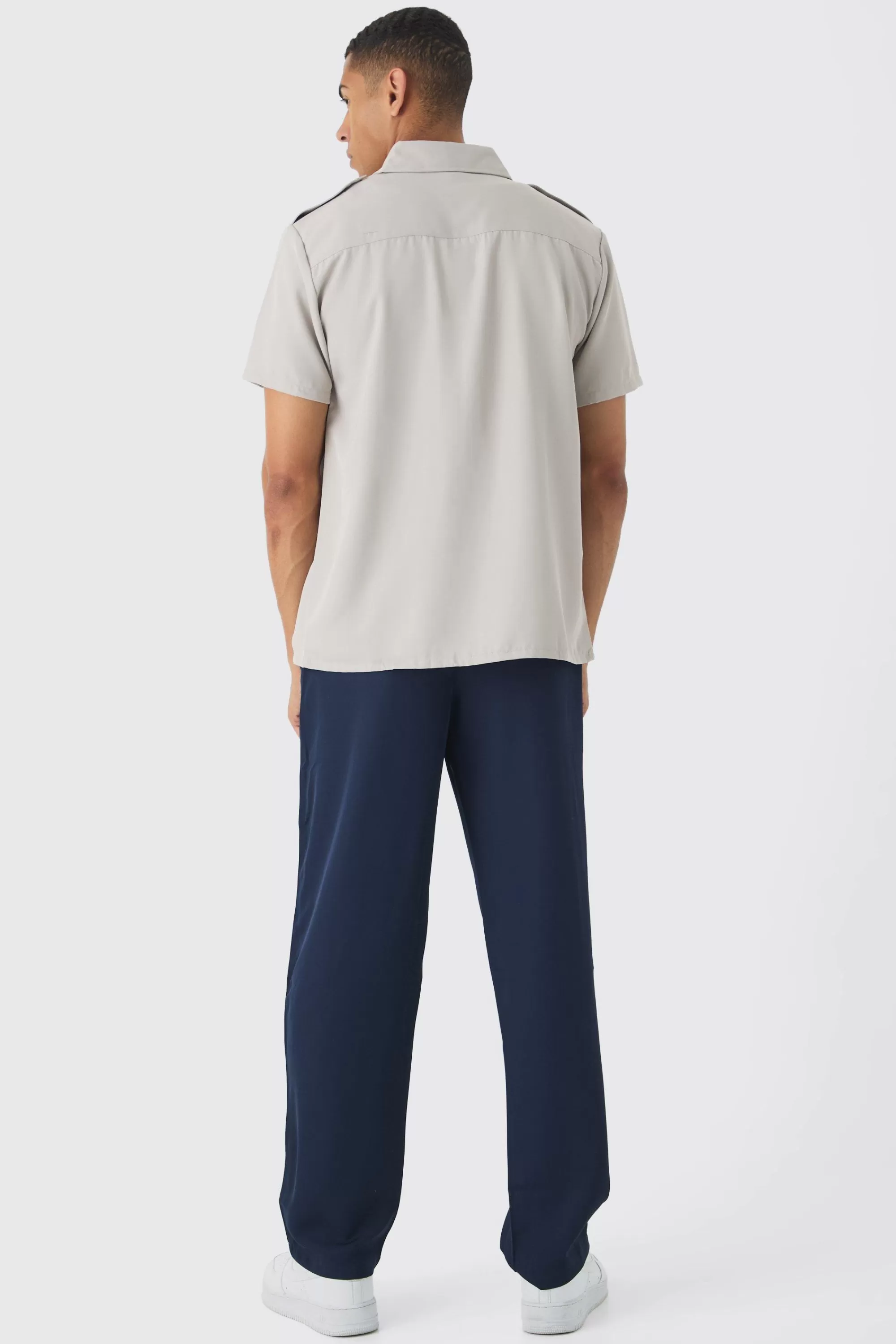 boohooMAN Short Sleeve Utility Twill Shirt & Pintuck Trouser Set | UK