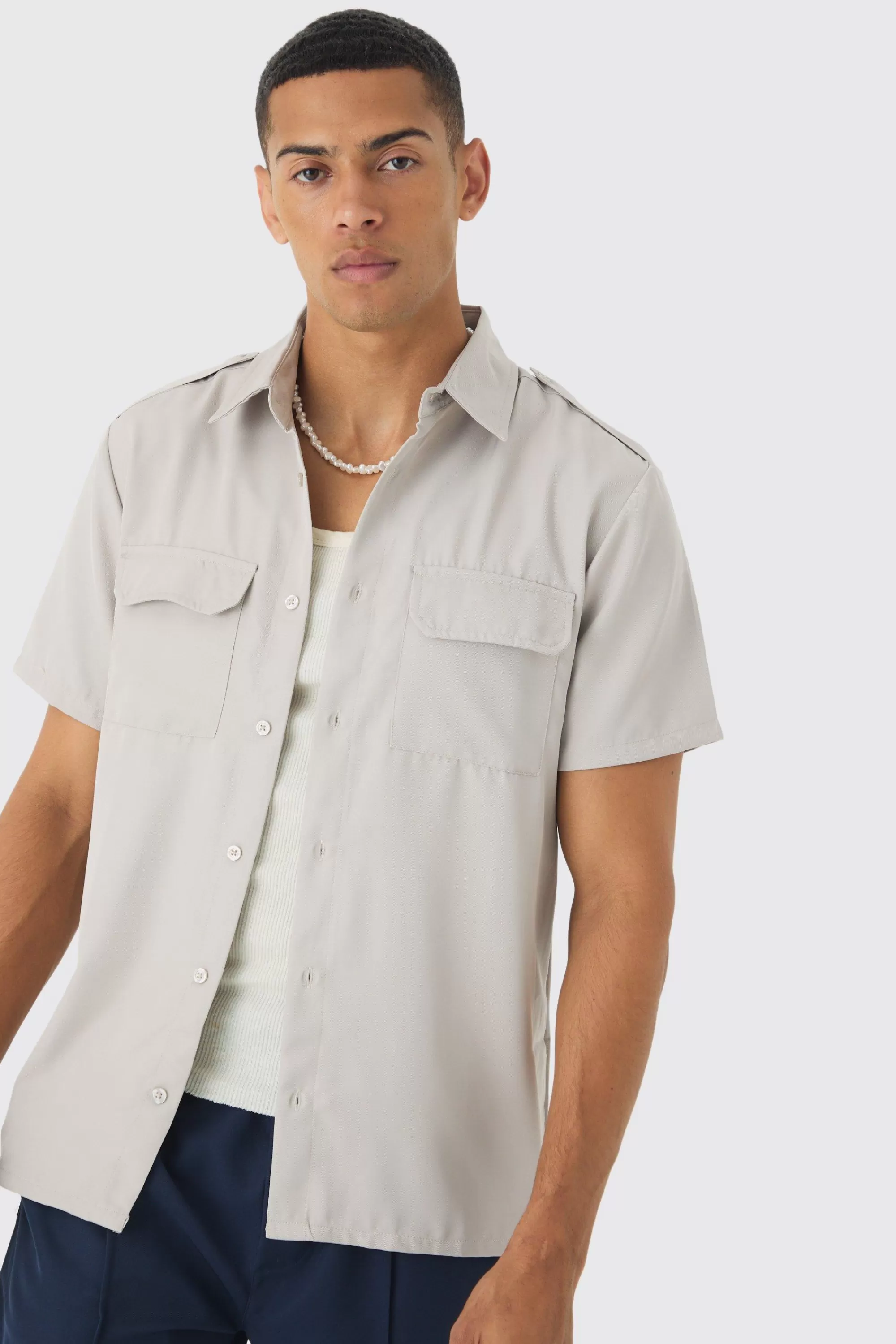 boohooMAN Short Sleeve Utility Twill Shirt & Pintuck Trouser Set | UK