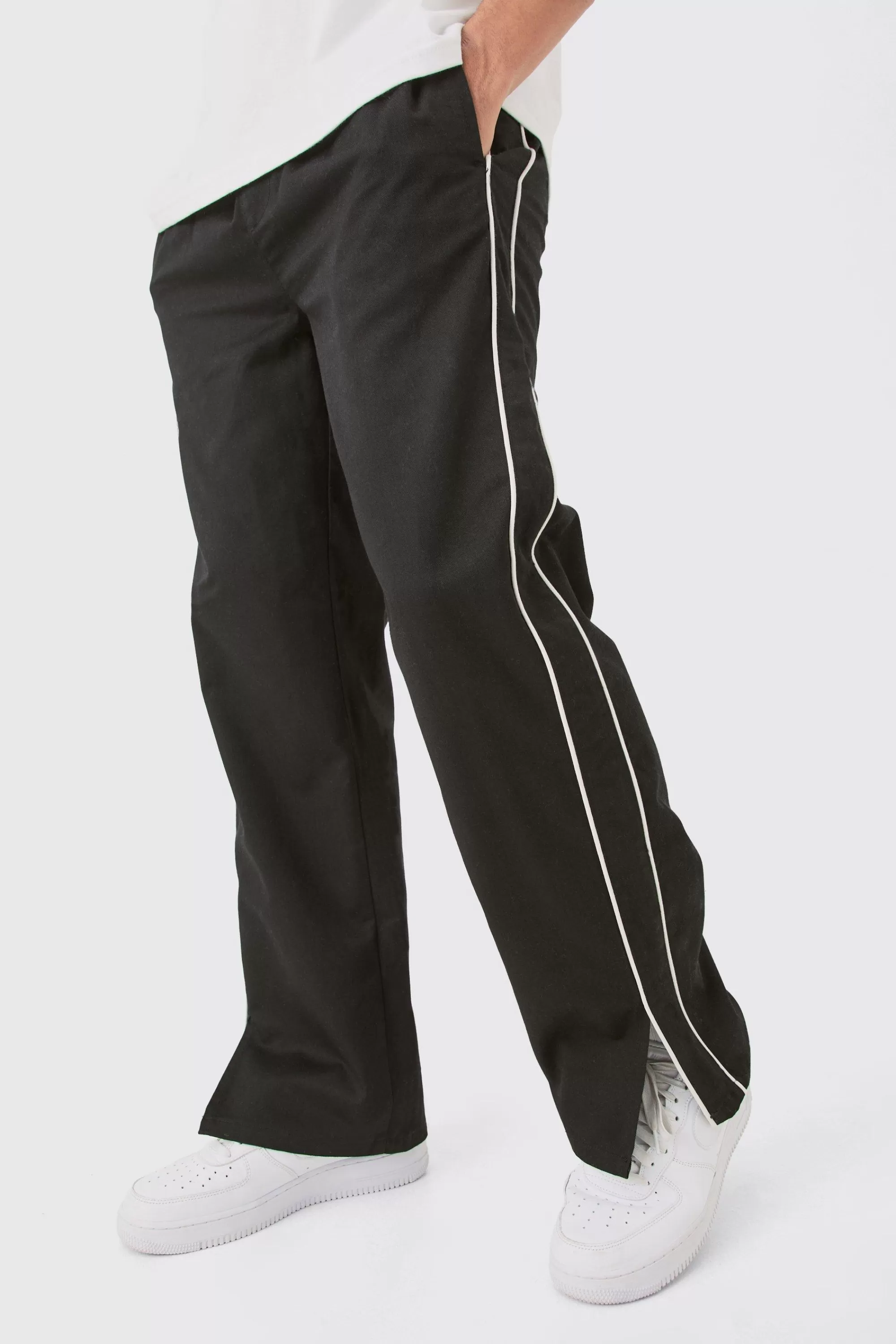 boohooMAN Side Stripe Split Hem Straight Leg Trousers | UK