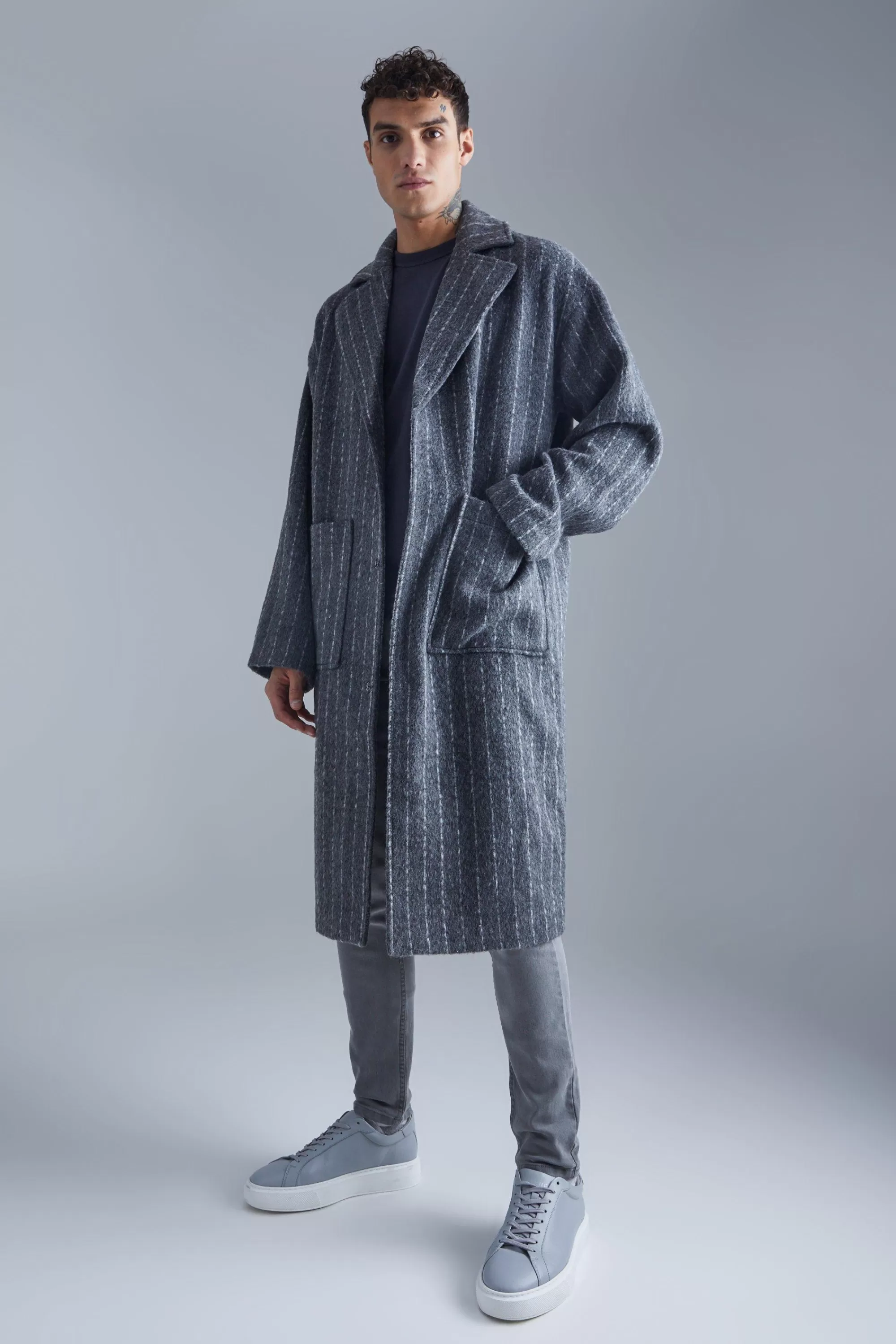 boohooMAN Single Breasted Brushed Stripe Overcoat | UK