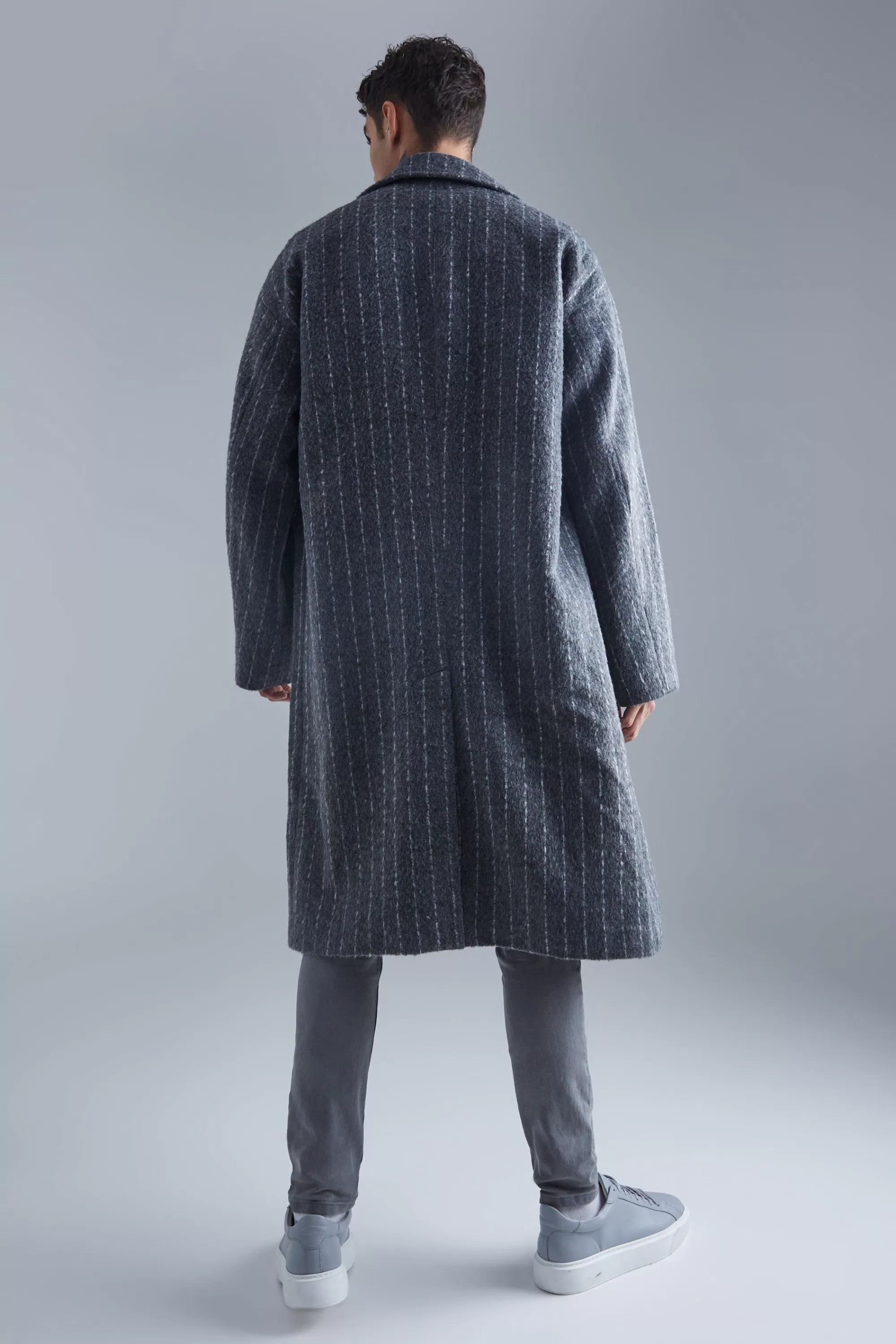 boohooMAN Single Breasted Brushed Stripe Overcoat | UK
