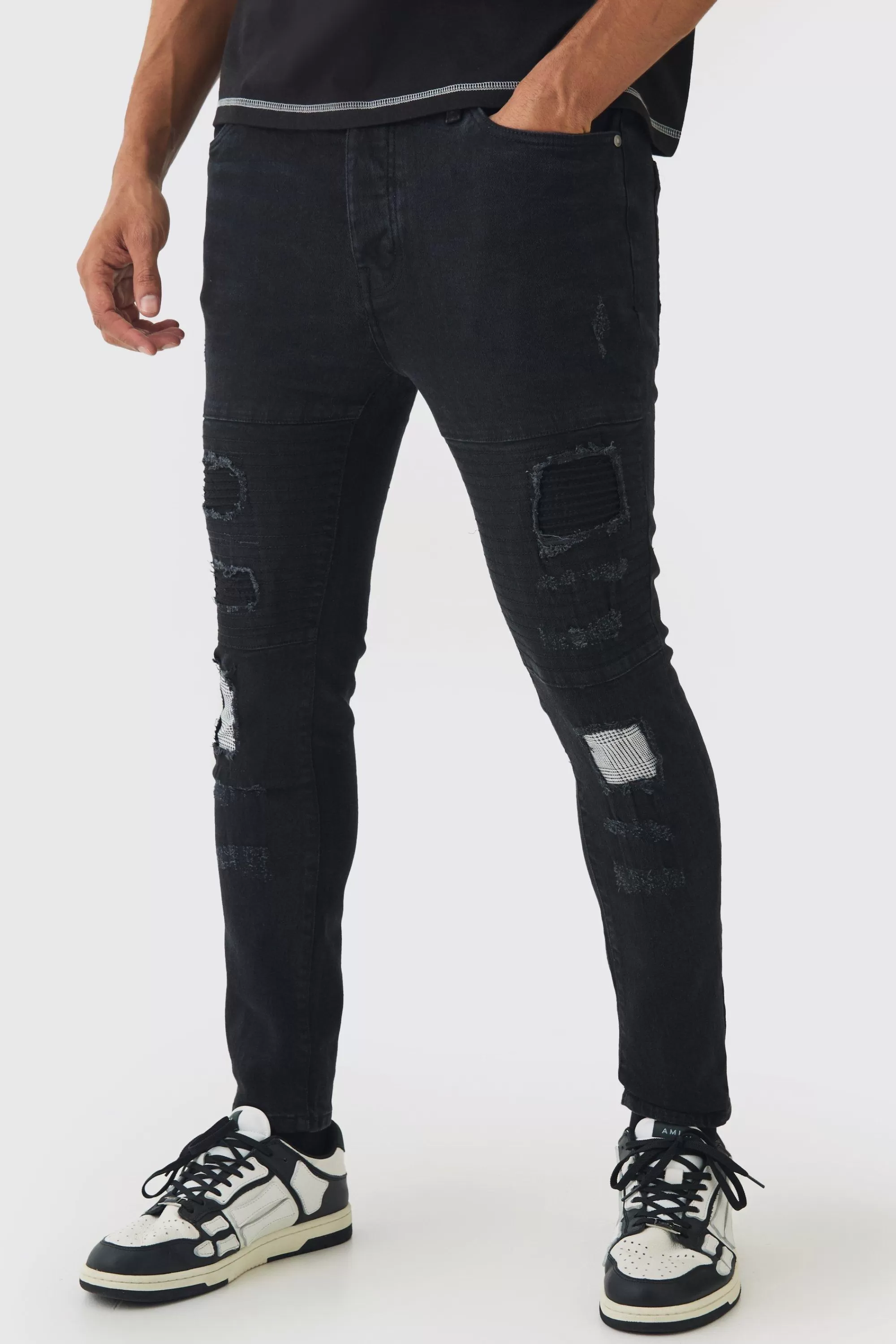 boohooMAN Skinny Fit Biker Ripped Patchwork Jeans | UK