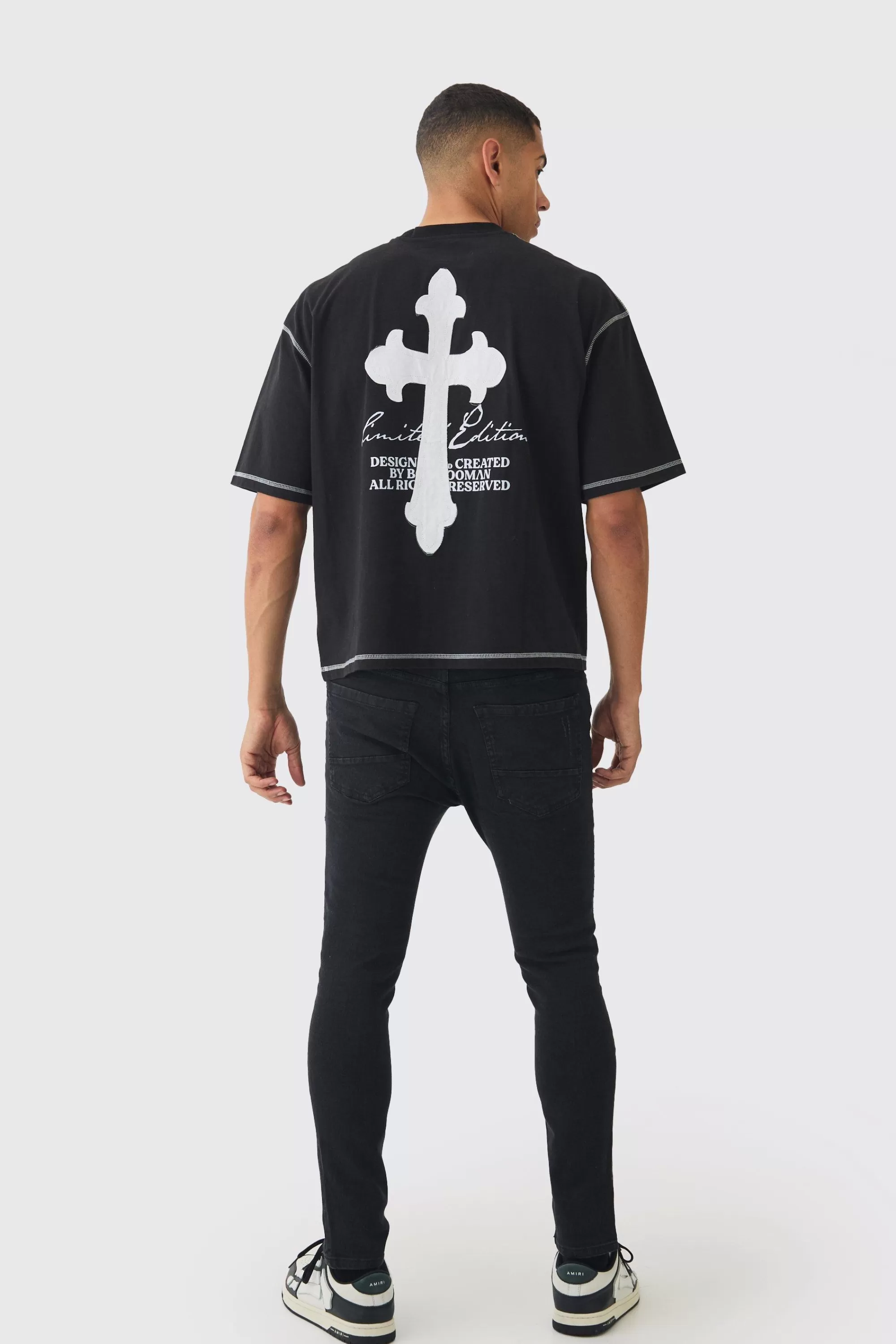 boohooMAN Skinny Fit Biker Ripped Patchwork Jeans | UK