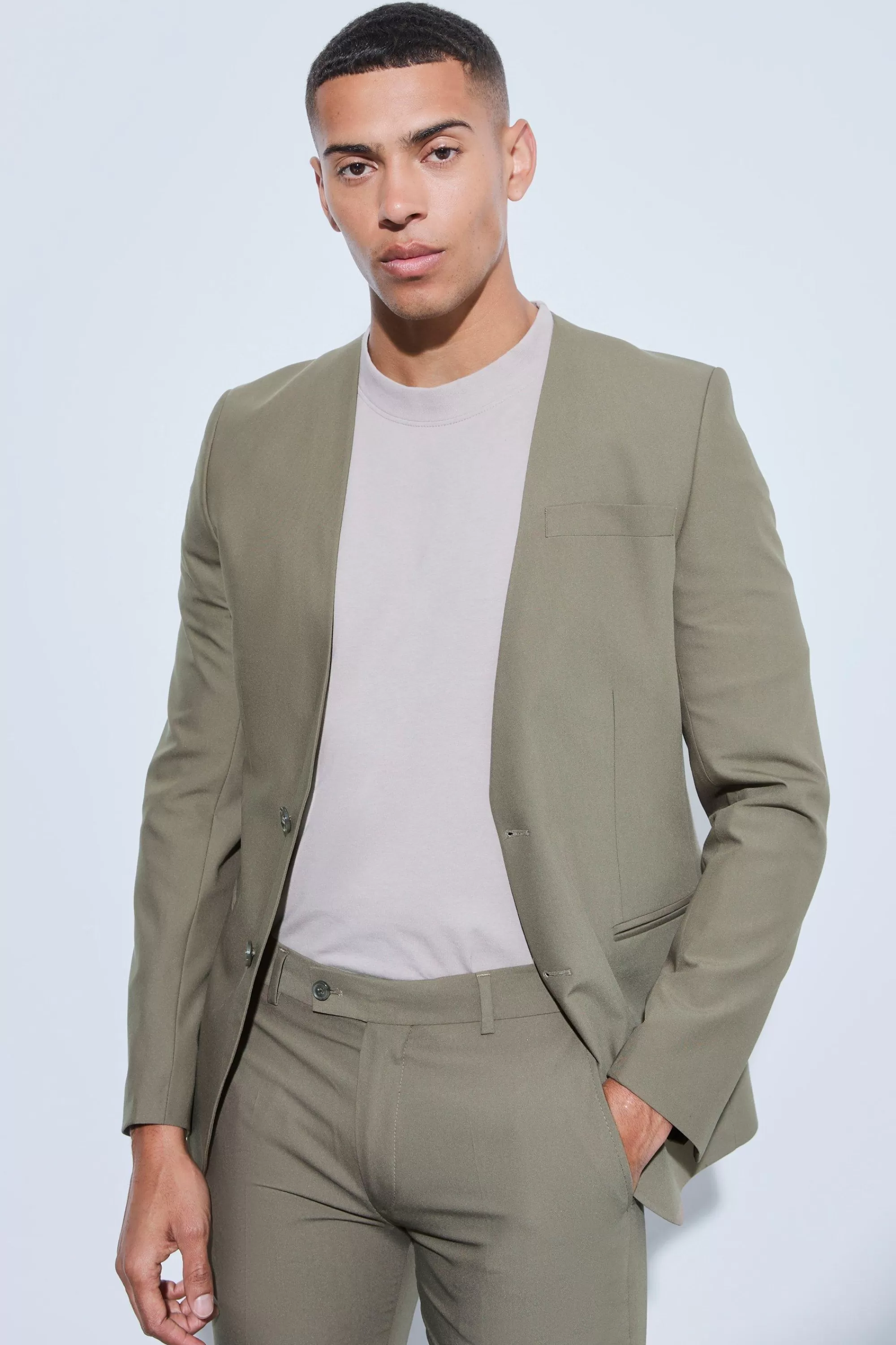 boohooMAN Skinny Fit Collarless Single Breasted Blazer | UK