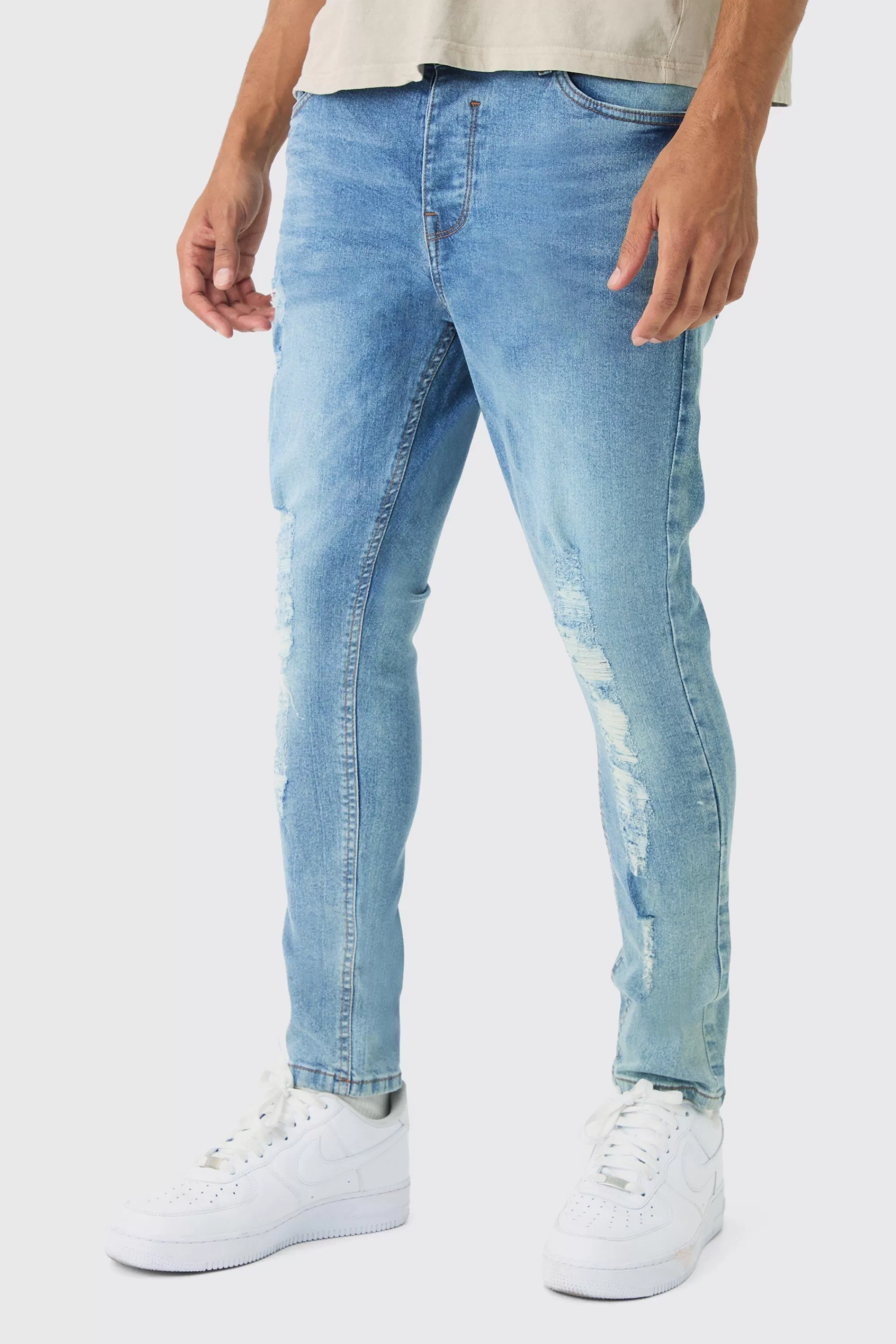boohooMAN Skinny Fit Distressed Ripped Jeans | UK