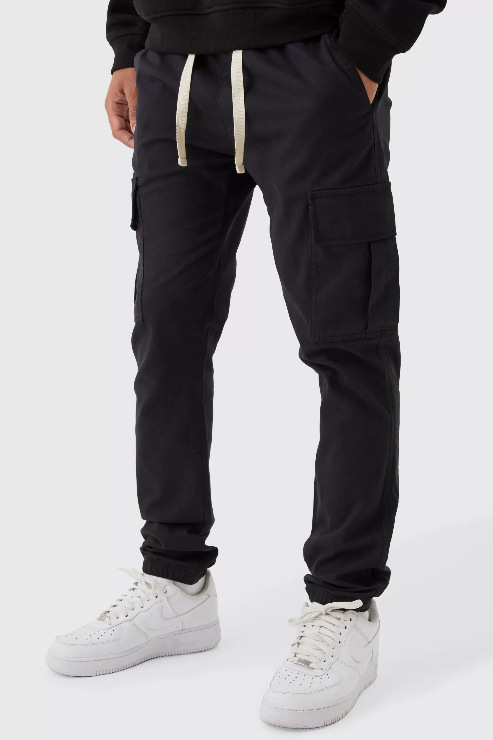 boohooMAN Skinny Fit Elasticated Waist Cuffed Cargo Trousers | UK