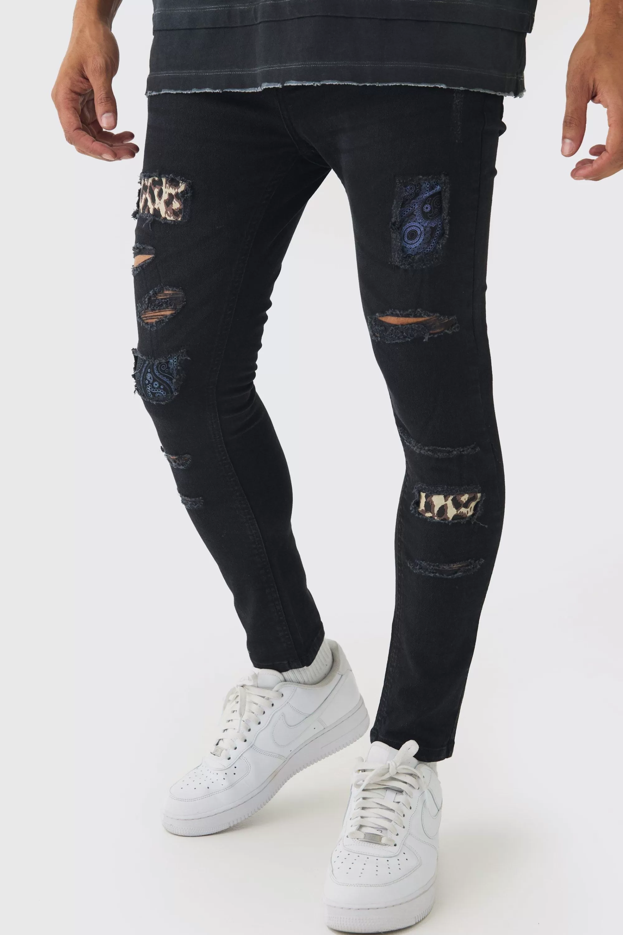 boohooMAN Skinny Fit Rip & Repair Paisley Leopard Jeans | UK