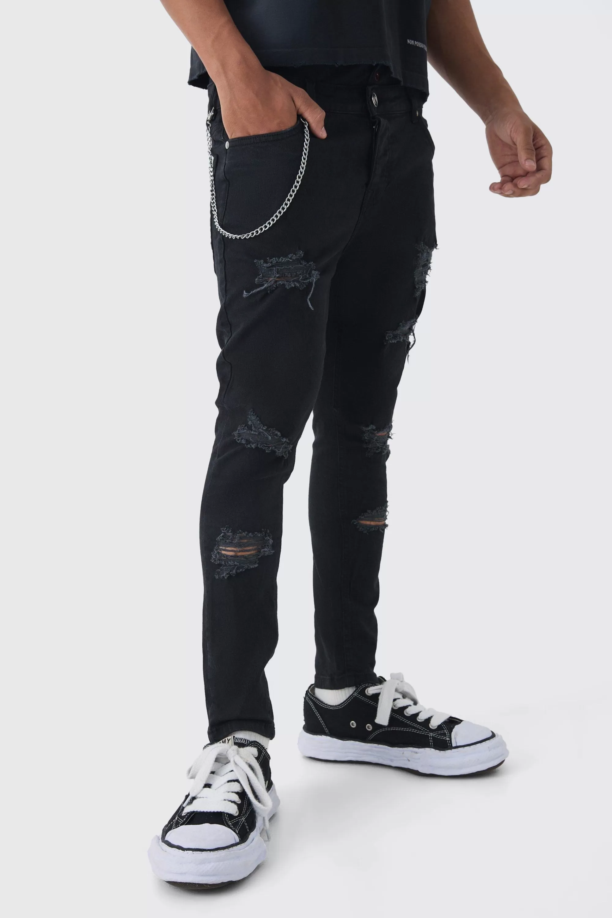 boohooMAN Skinny Fit Ripped Jeans With Chain | UK