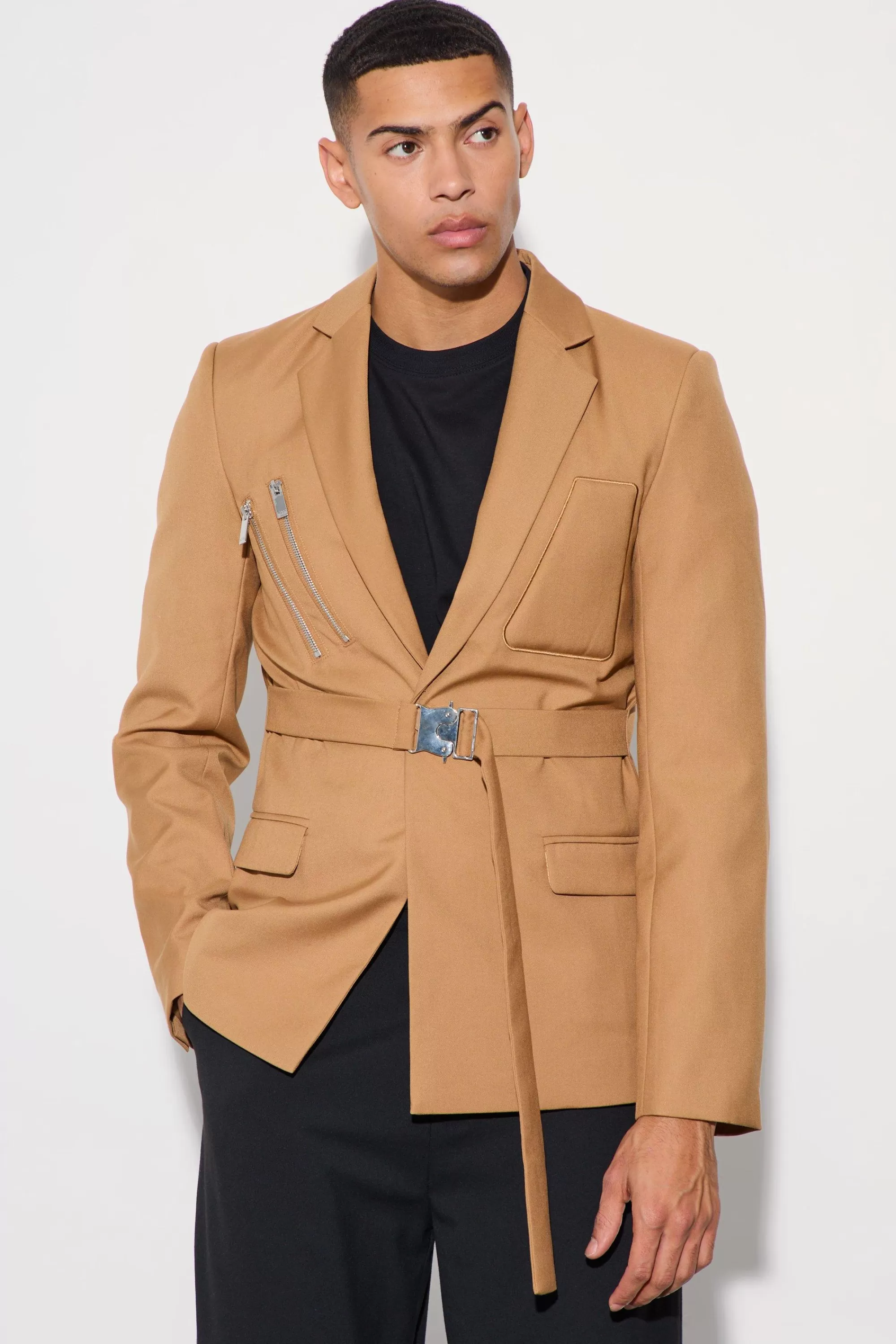 boohooMAN Skinny Fit Single Breasted Wrap Belt Blazer | UK
