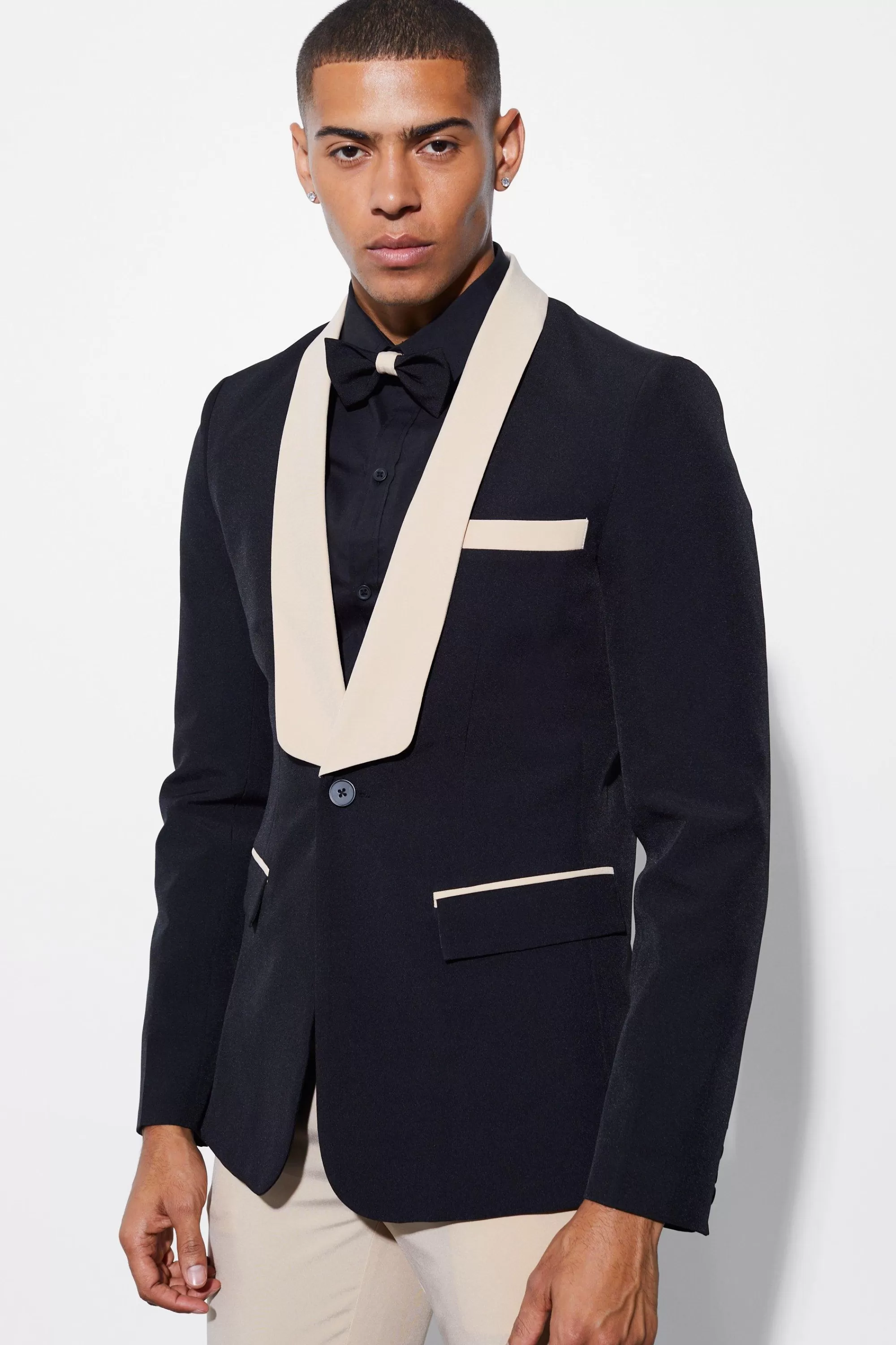 boohooMAN Skinny Shawl Contrast Lapel Suit Jacket | UK