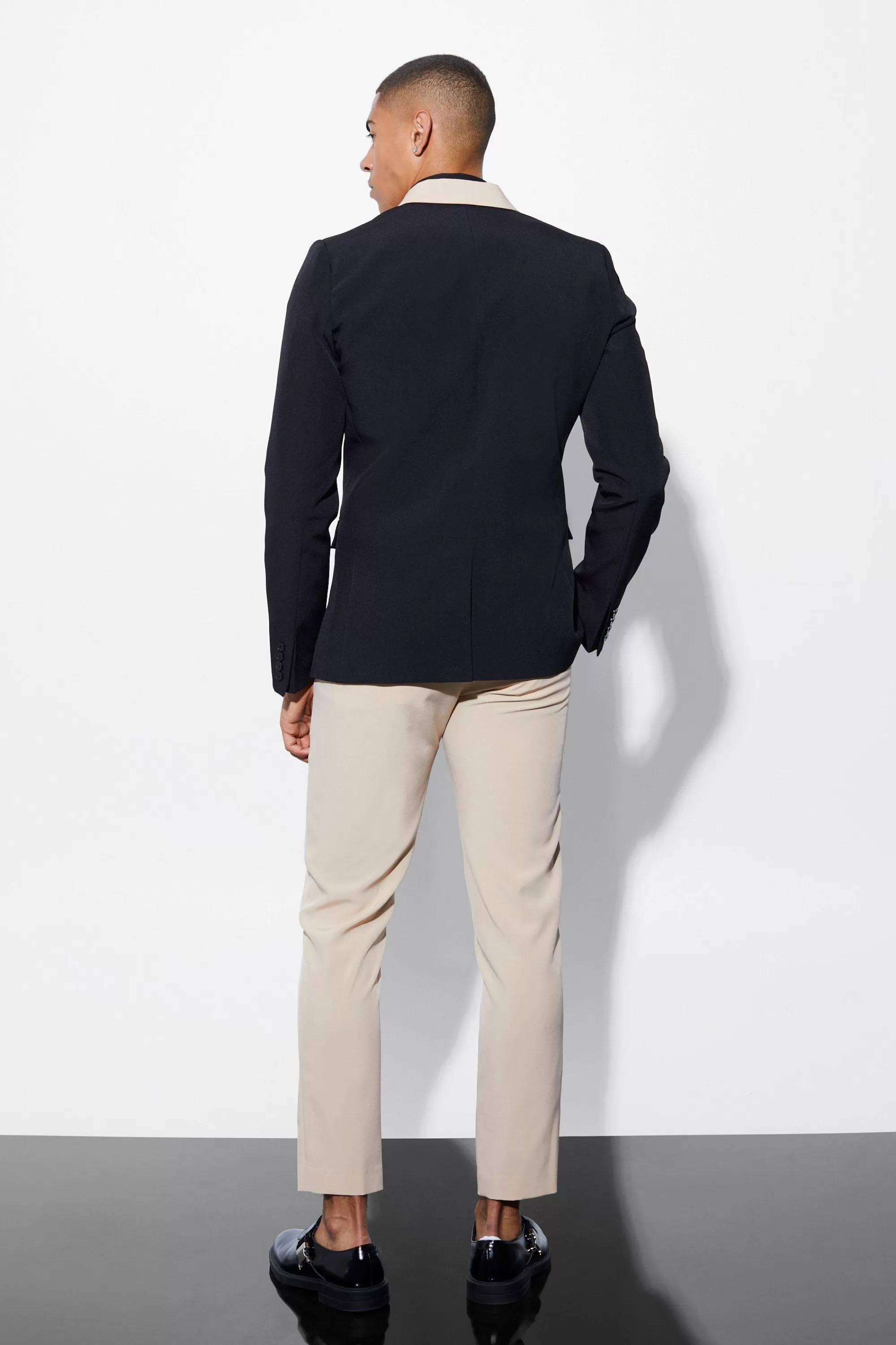 boohooMAN Skinny Shawl Contrast Lapel Suit Jacket | UK