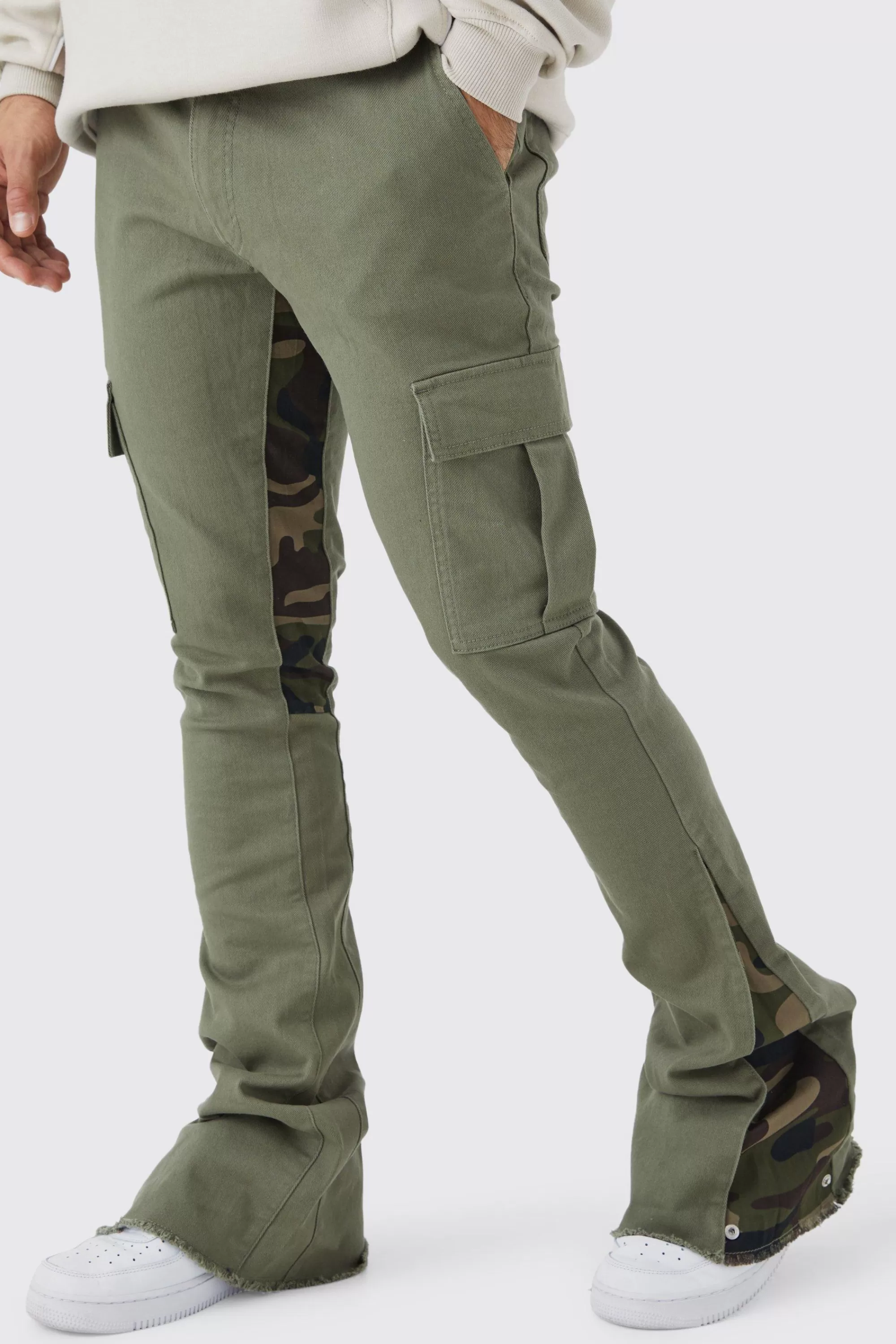 boohooMAN Skinny Stacked Flare Camo Gusset Cargo Trouser | UK