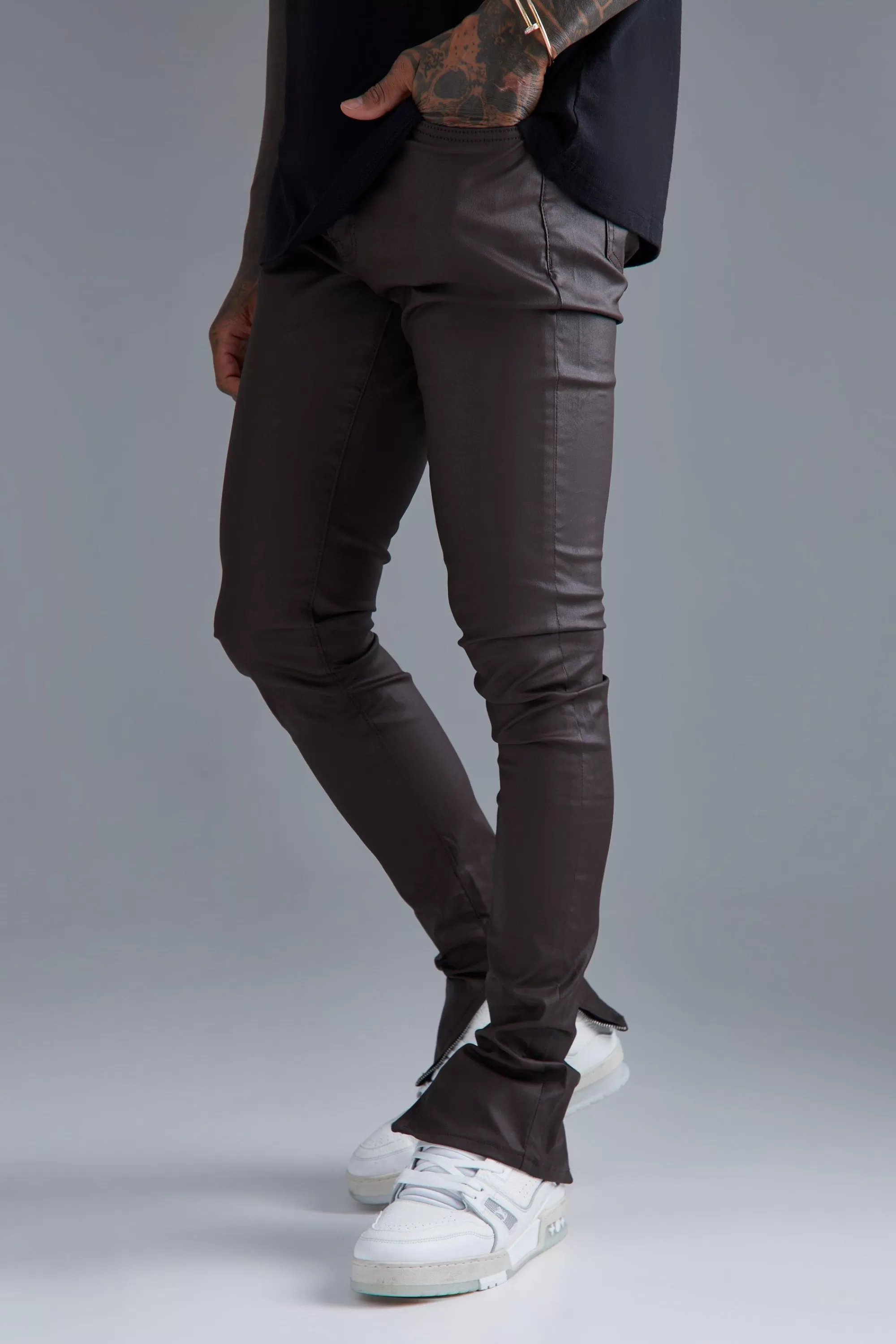 boohooMAN Skinny Stacked Zip Hem Coated Jeans | UK