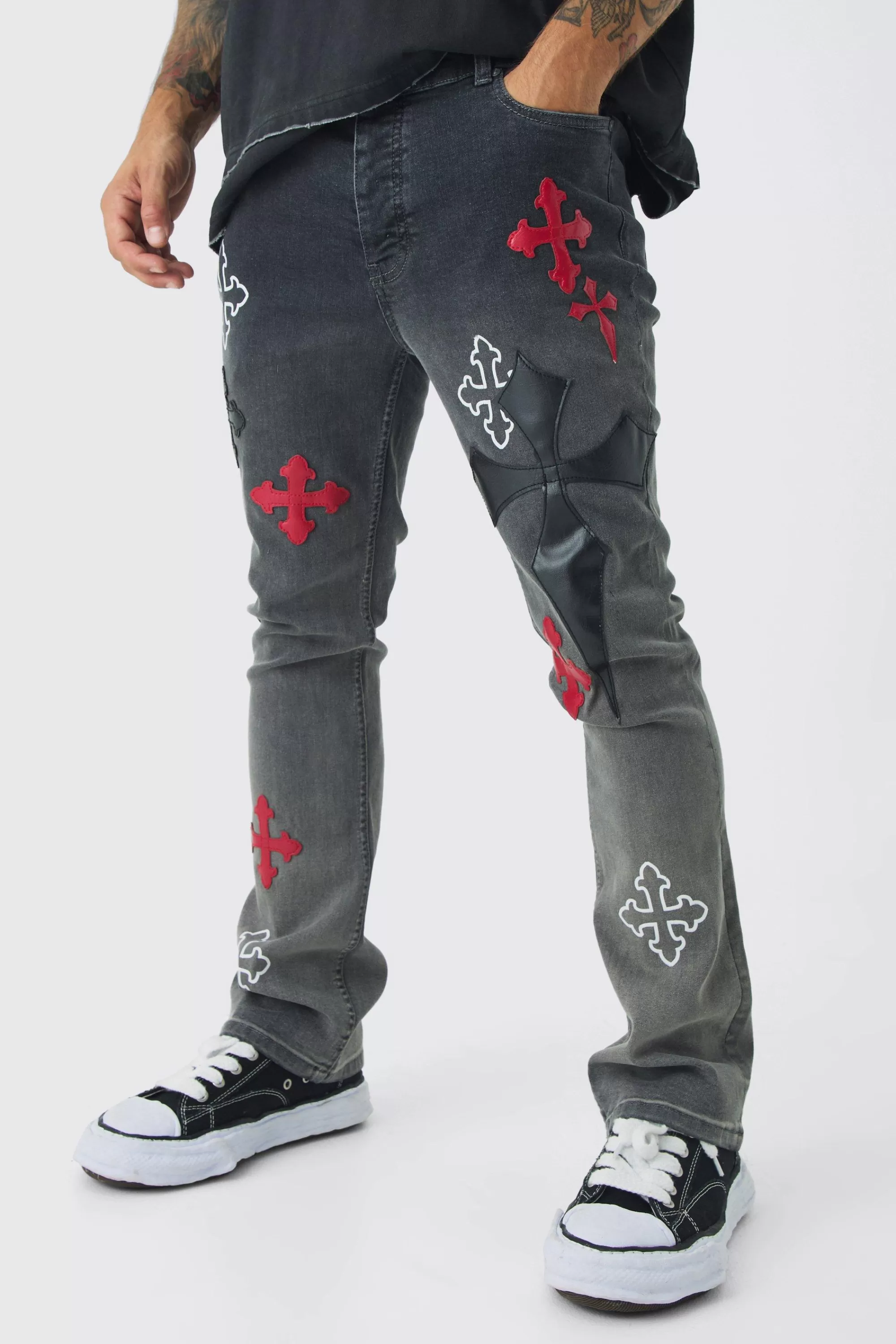 boohooMAN Skinny Stretch Flare Cross Applique Jeans | UK