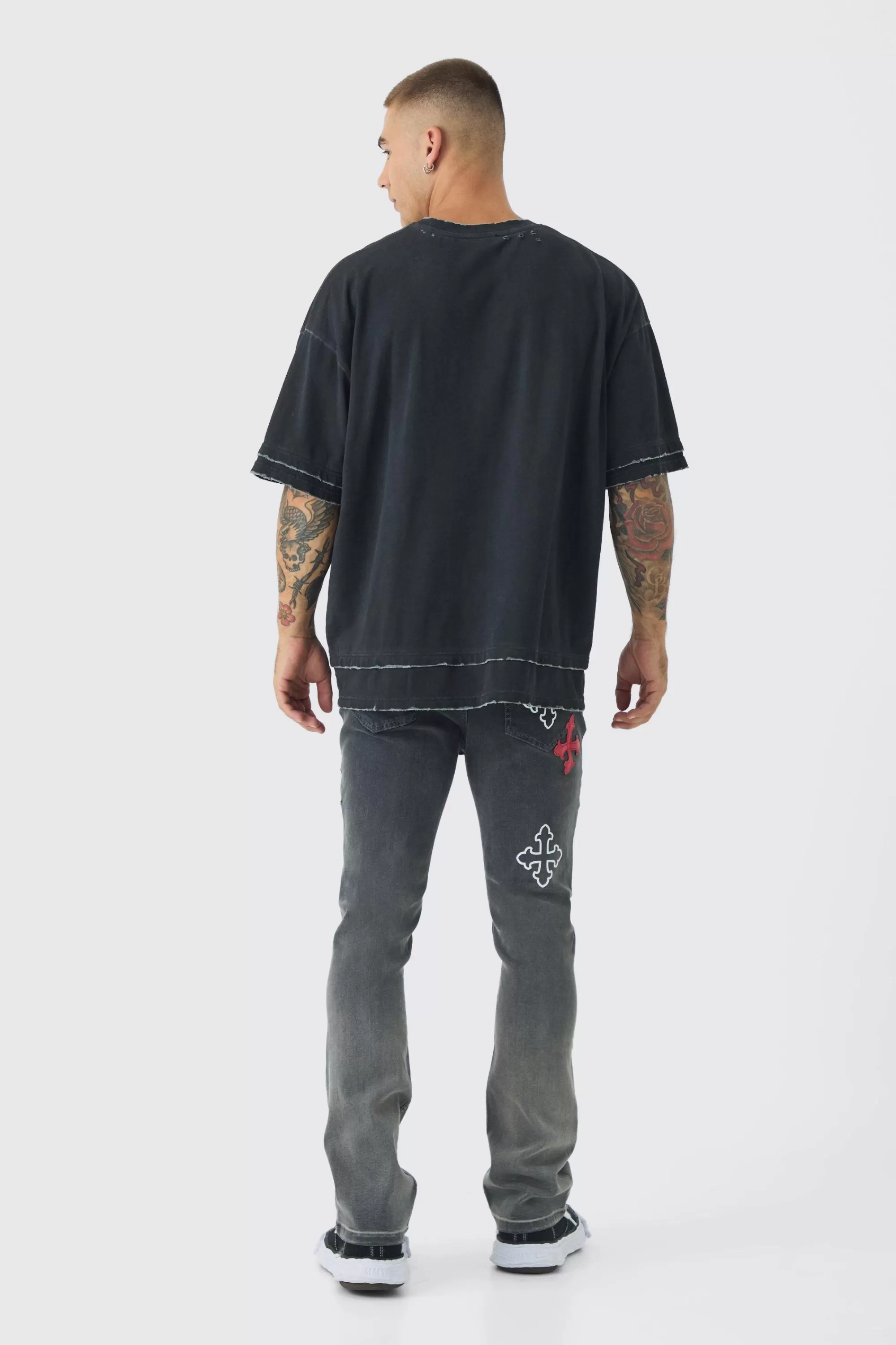 boohooMAN Skinny Stretch Flare Cross Applique Jeans | UK