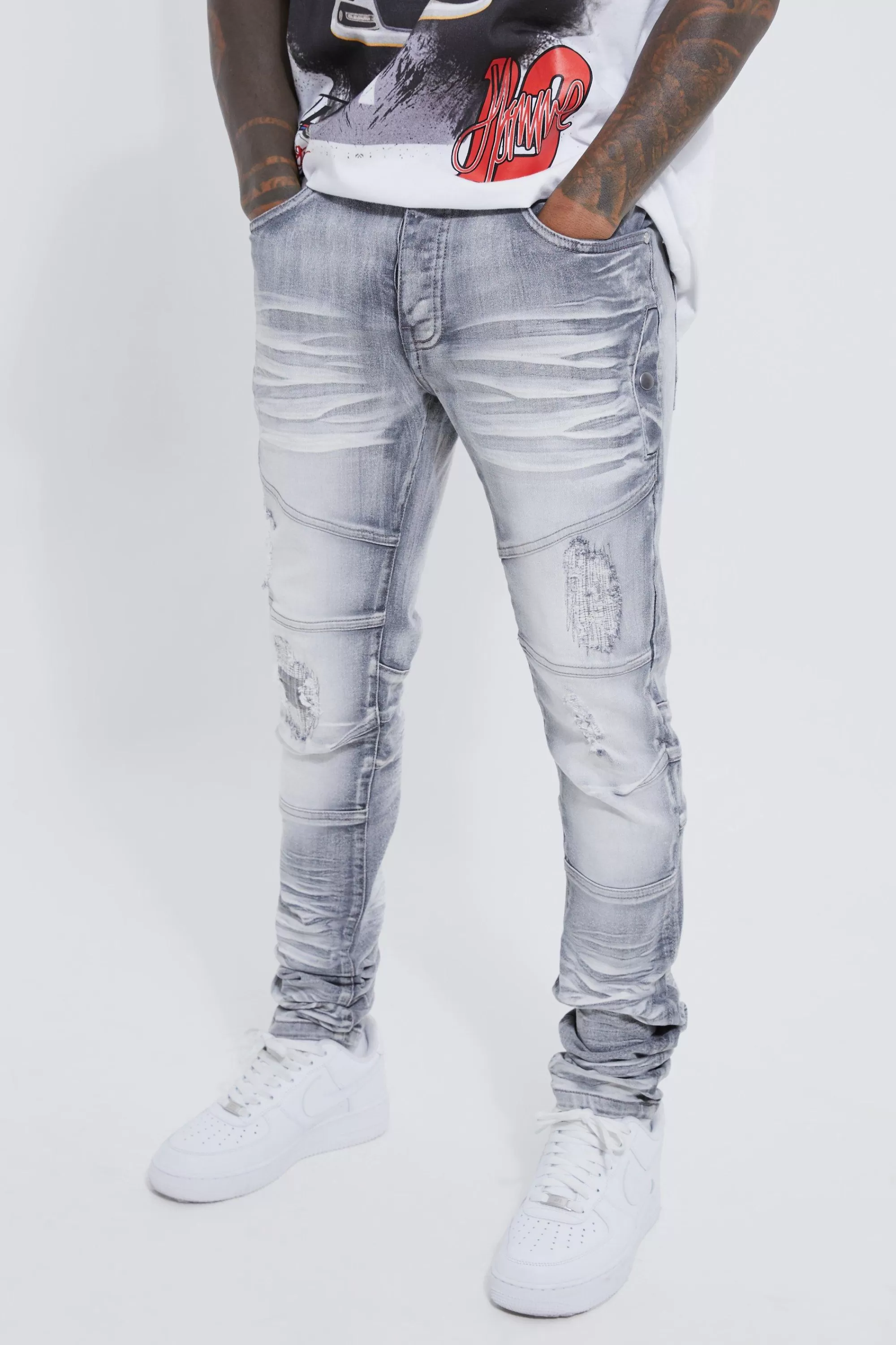 boohooMAN Skinny Stretch Heavy Bleached Ripped Jean | UK