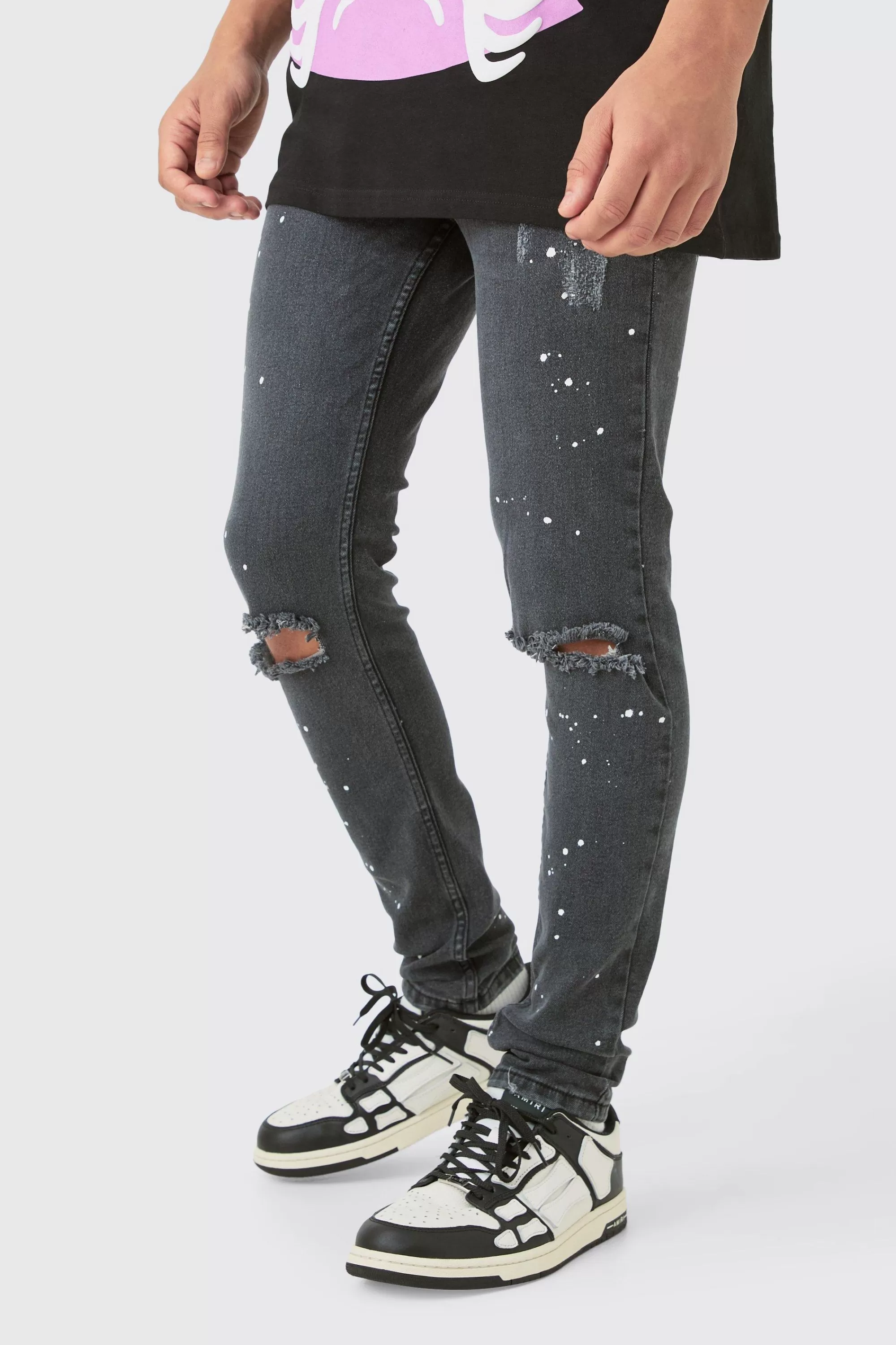 boohooMAN Skinny Stretch Paint Splatter Ripped Jeans | UK
