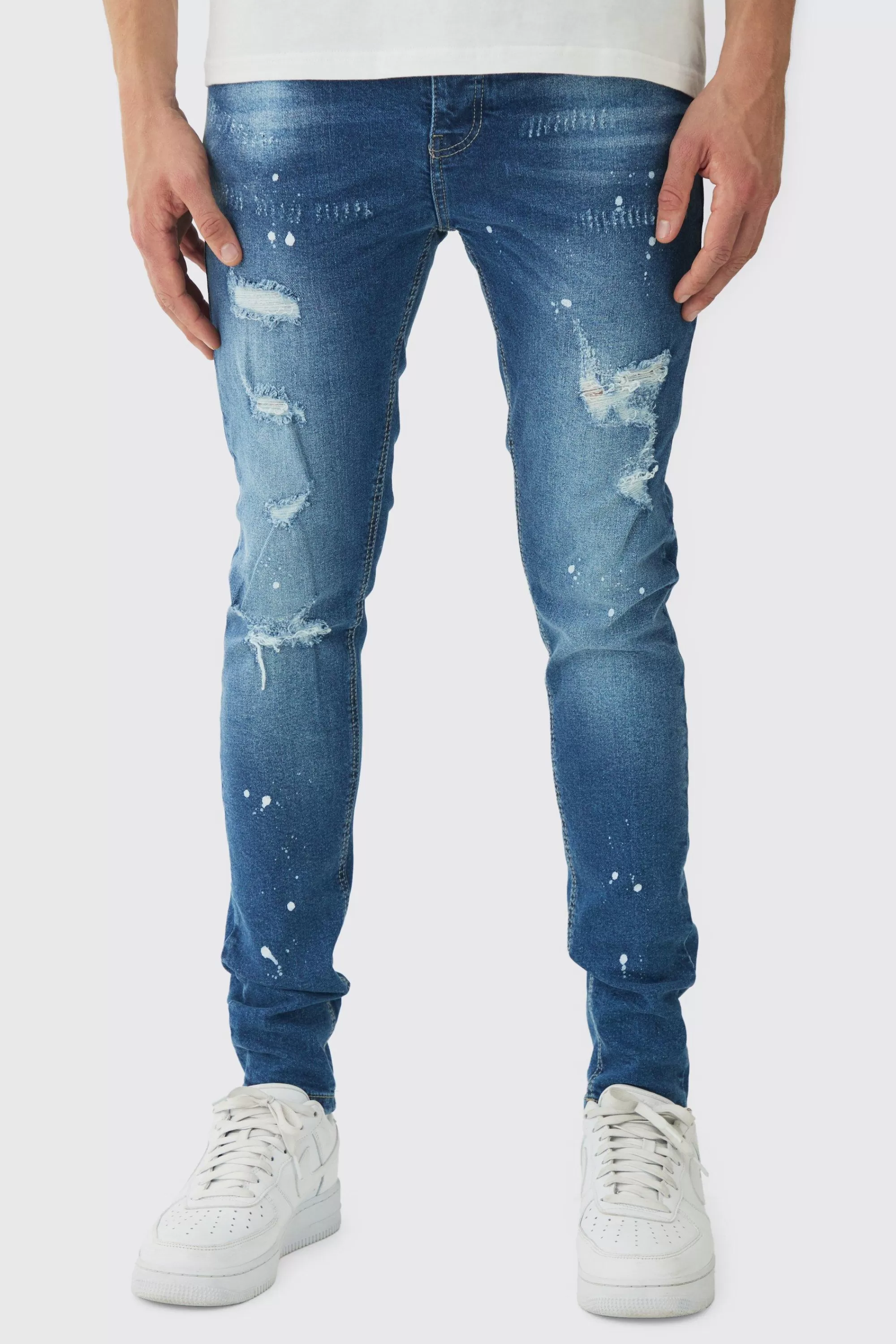 boohooMAN Skinny Stretch Rip & Repair Paint Splatter Jeans | UK