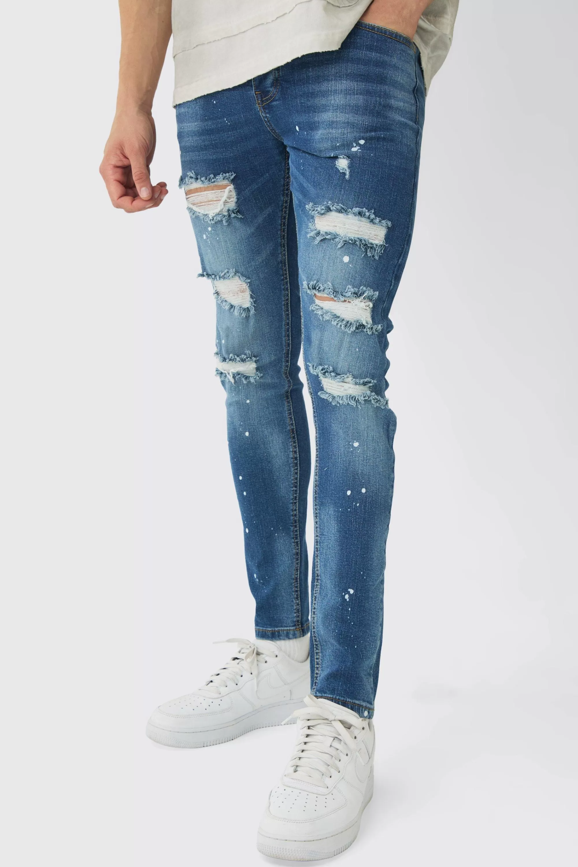 boohooMAN Skinny Stretch Rip & Repair Paint Splatter Jeans | UK