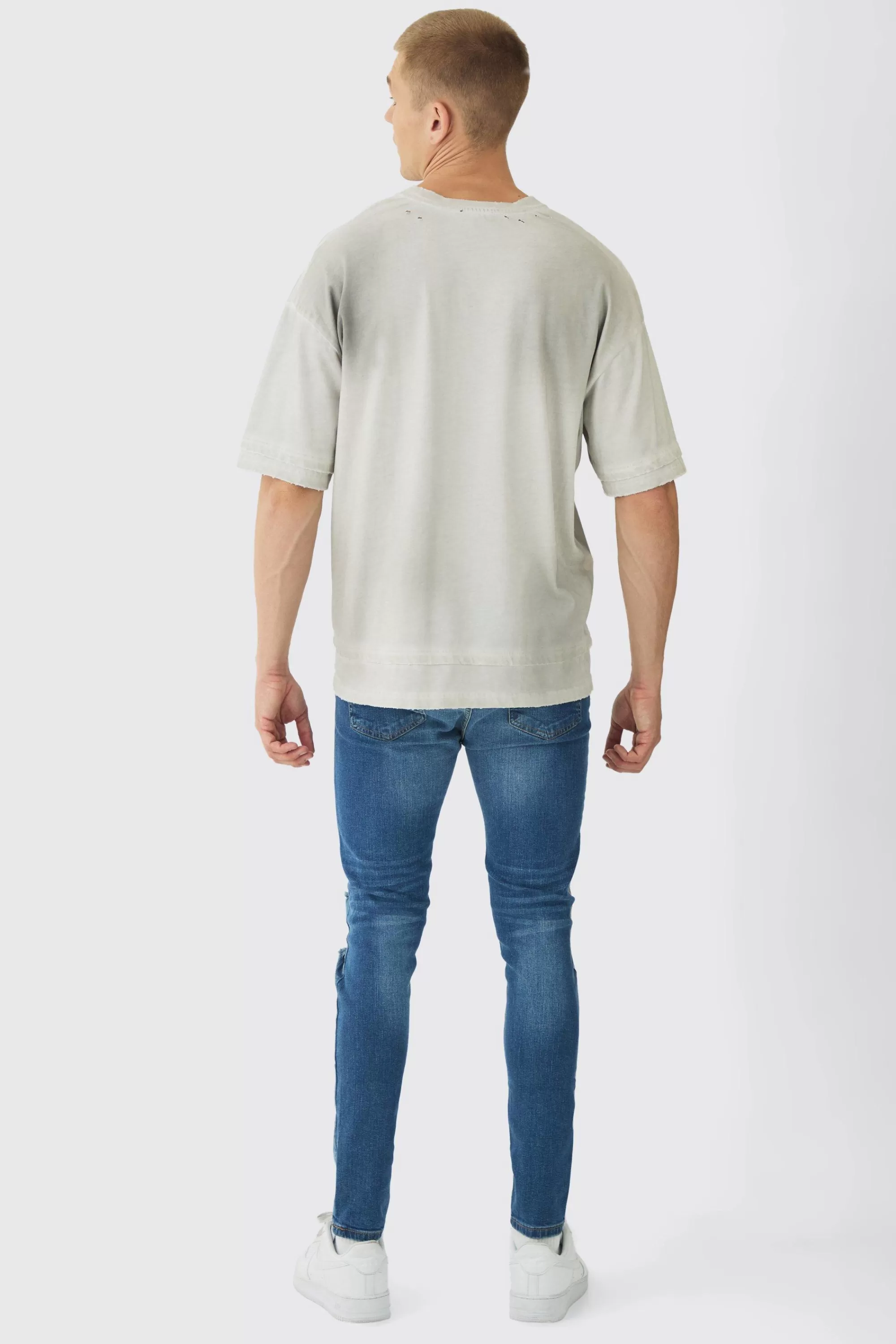 boohooMAN Skinny Stretch Rip & Repair Paint Splatter Jeans | UK
