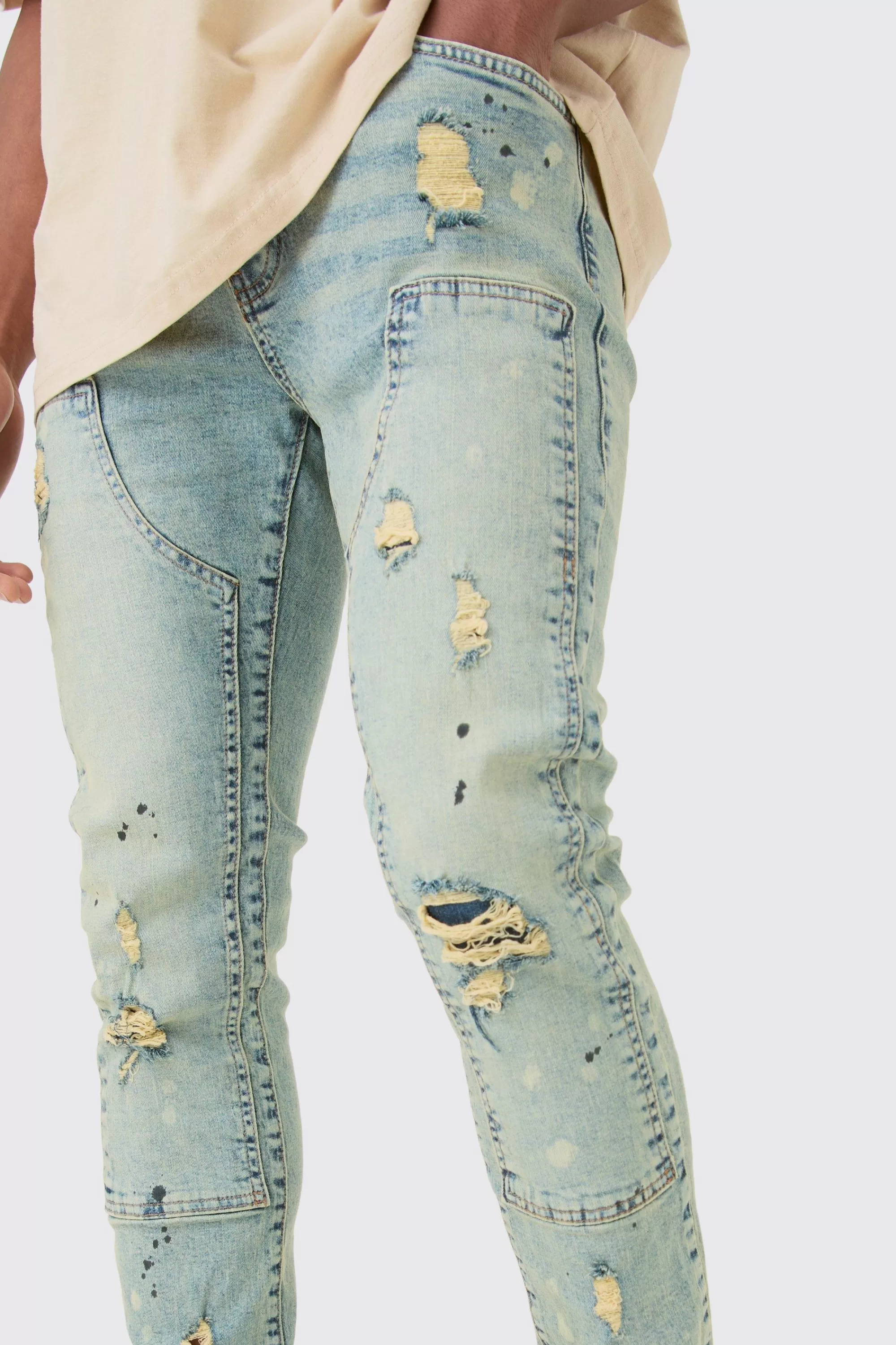 boohooMAN Skinny Stretch Ripped Carpenter Jeans In | UK