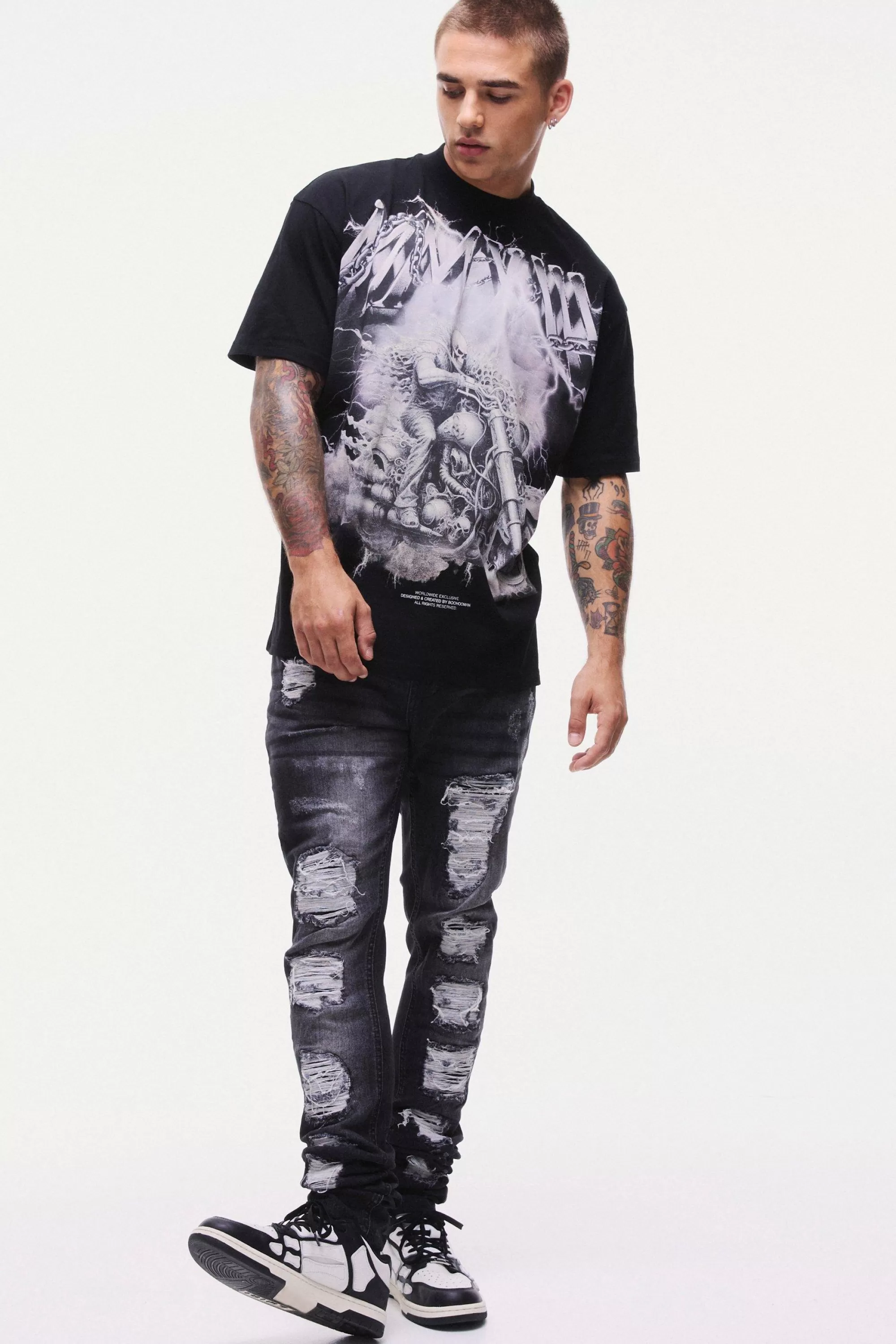 boohooMAN Skinny Stretch Stacked Black PU Biker Rip & Repair Jeans | UK